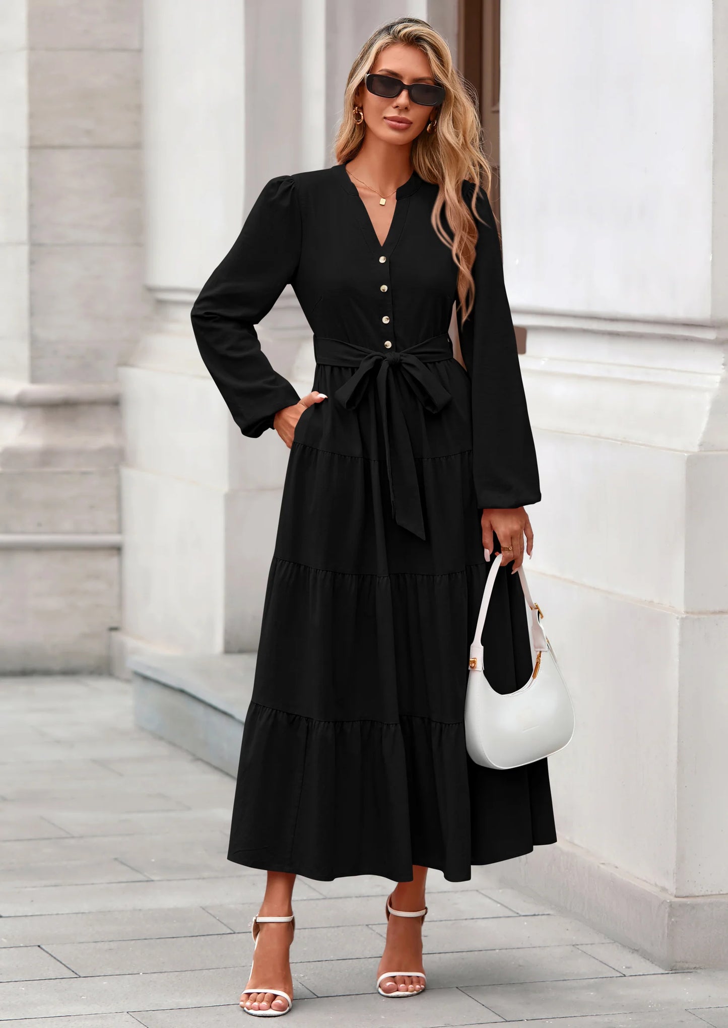 Fall Dresses for Women Long Sleeve V Neck Belted Ruffle A Line Flowy Boho Maxi Wedding Guest Dress Pockets