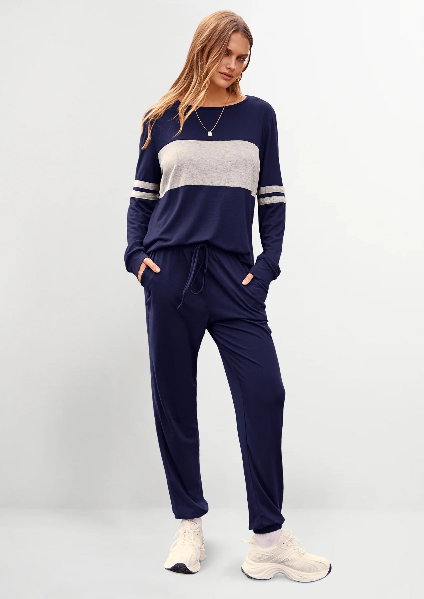 Women's Color Block 2 Piece Spring Tracksuit Crewneck Long Sleeve Tops Long Sweatpants Outfits Lounge Sets