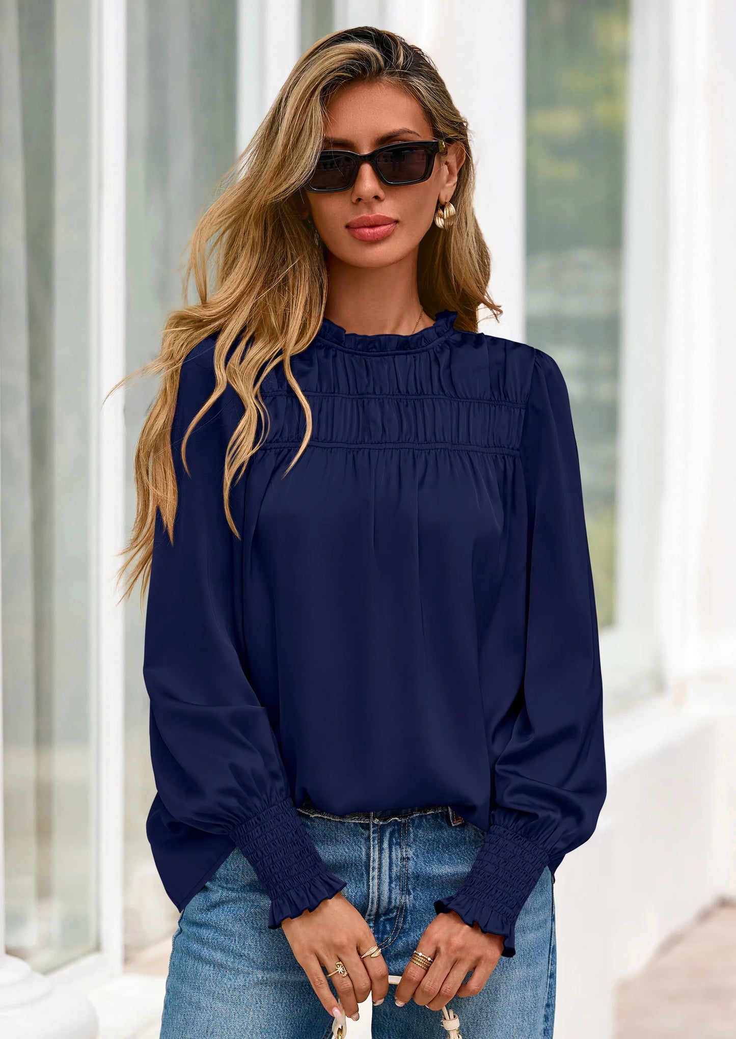Blouses for Women Dressy Casual Fall Outfits Frill Neck Long Sleeve Shirts Satin Work Business Casual Tops