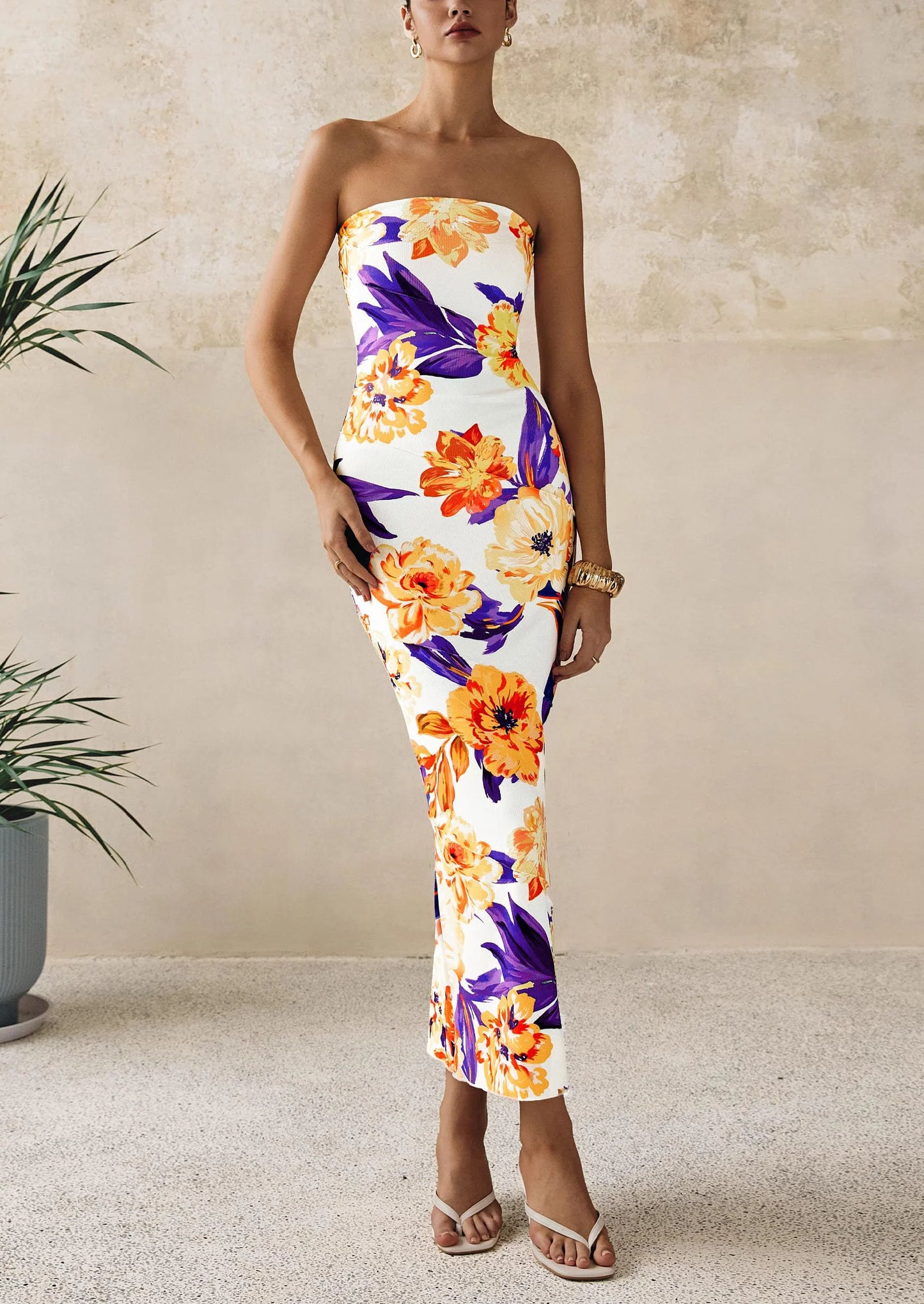 Women's Floral Bodycon Maxi Dresses Ribbed Strapless Tube Casual Boho Party Long Dress