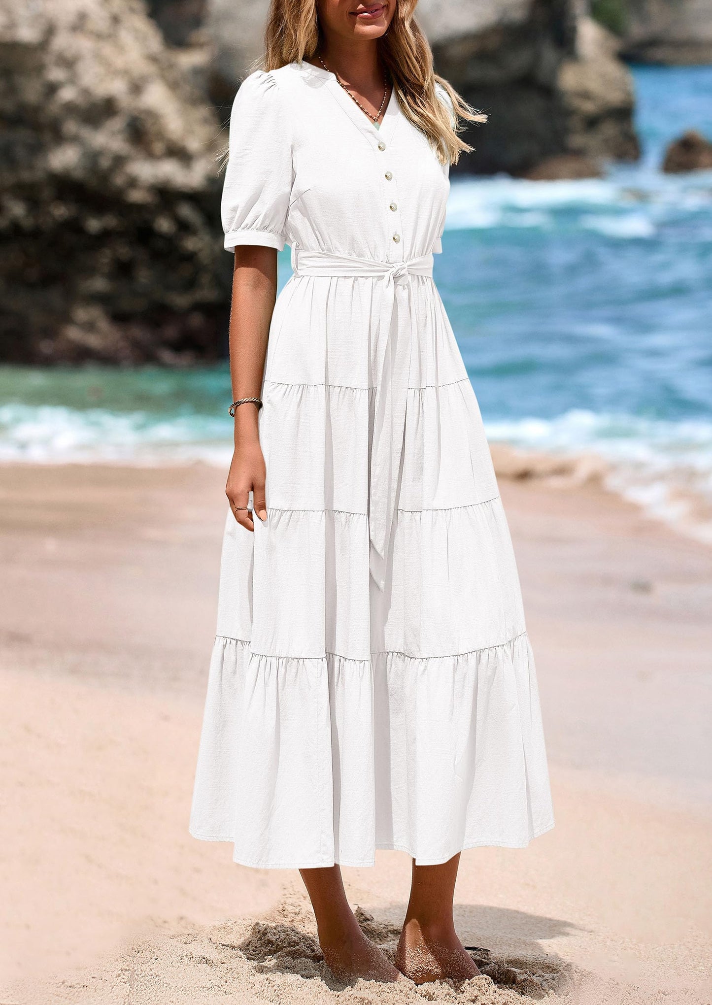 Women's Midi Dress Casual Short Sleeve V Neck Buttons Belted Ruffle A Line Flowy Dress with Pockets