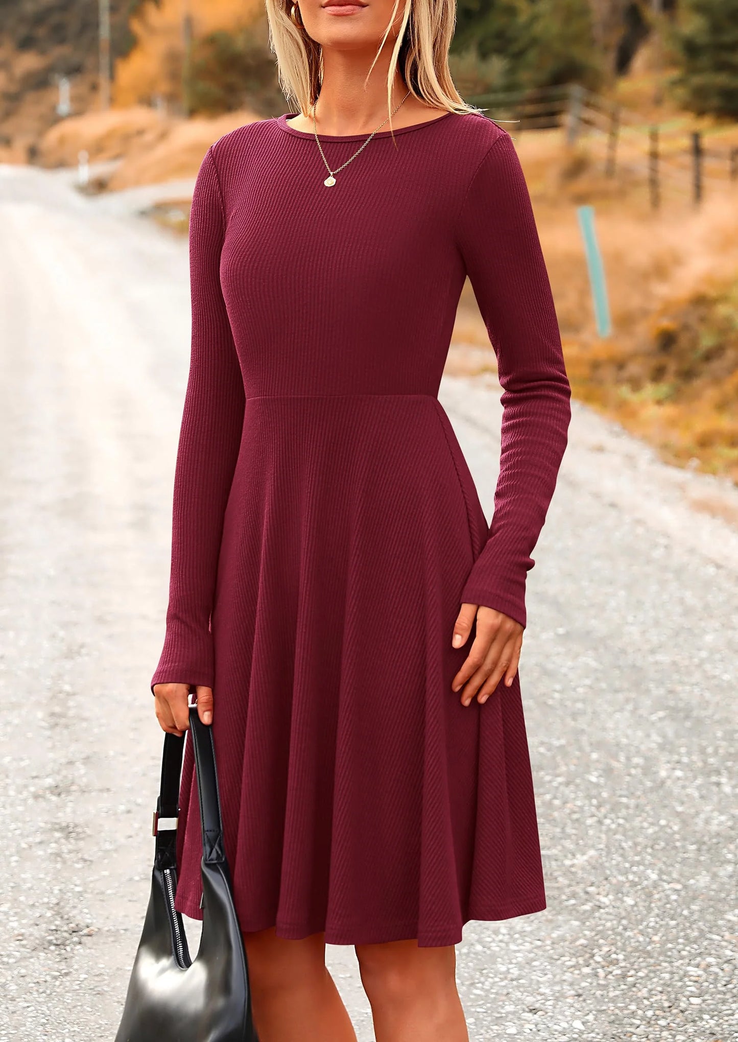Women's Spring Fall Short Dress Ribbed Knit Crewneck Long Sleeve A Line Flowy Casual Elegant Going Out Dresses