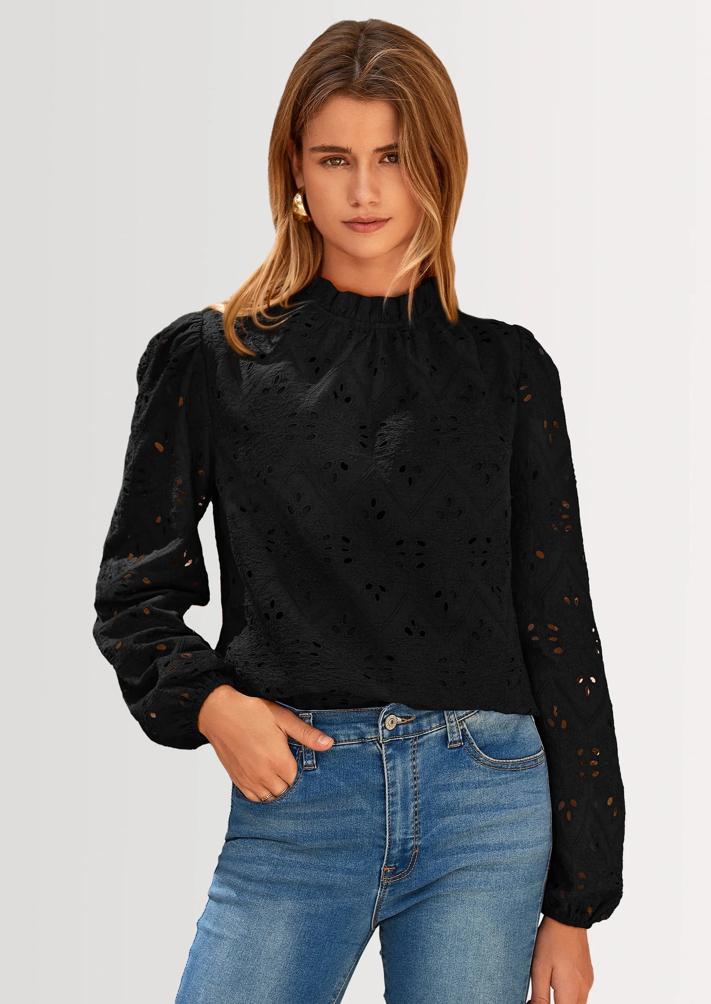 Womens Tops Dressy Casual Spring Long Sleeve Shirts Embroidered Eyelet Blouses Going Out Outfits
