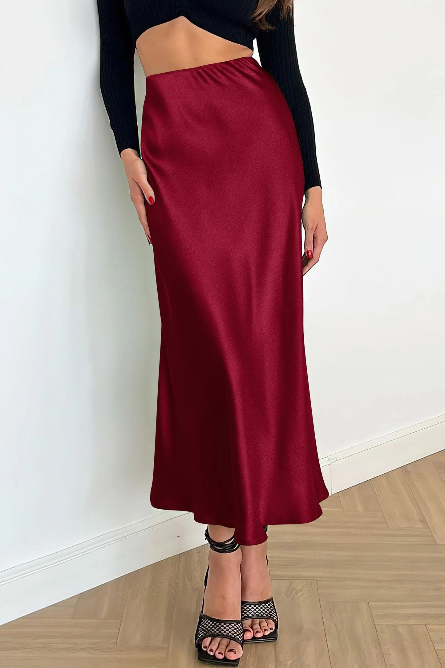 Women's Satin Skirts Dressy Casual Fall High Waisted Cocktail Wedding Flowy Elegant A Line Midi Skirt