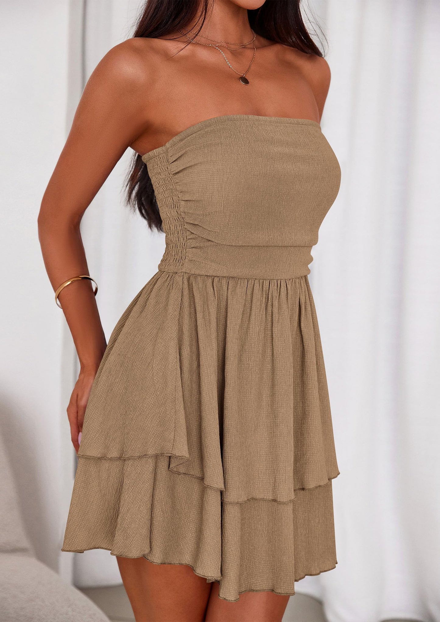 Women's Summer Strapless Tube Mini Dress Off Shoulder Smocked Ruffle A Line Flowy Short Party Club Dresses