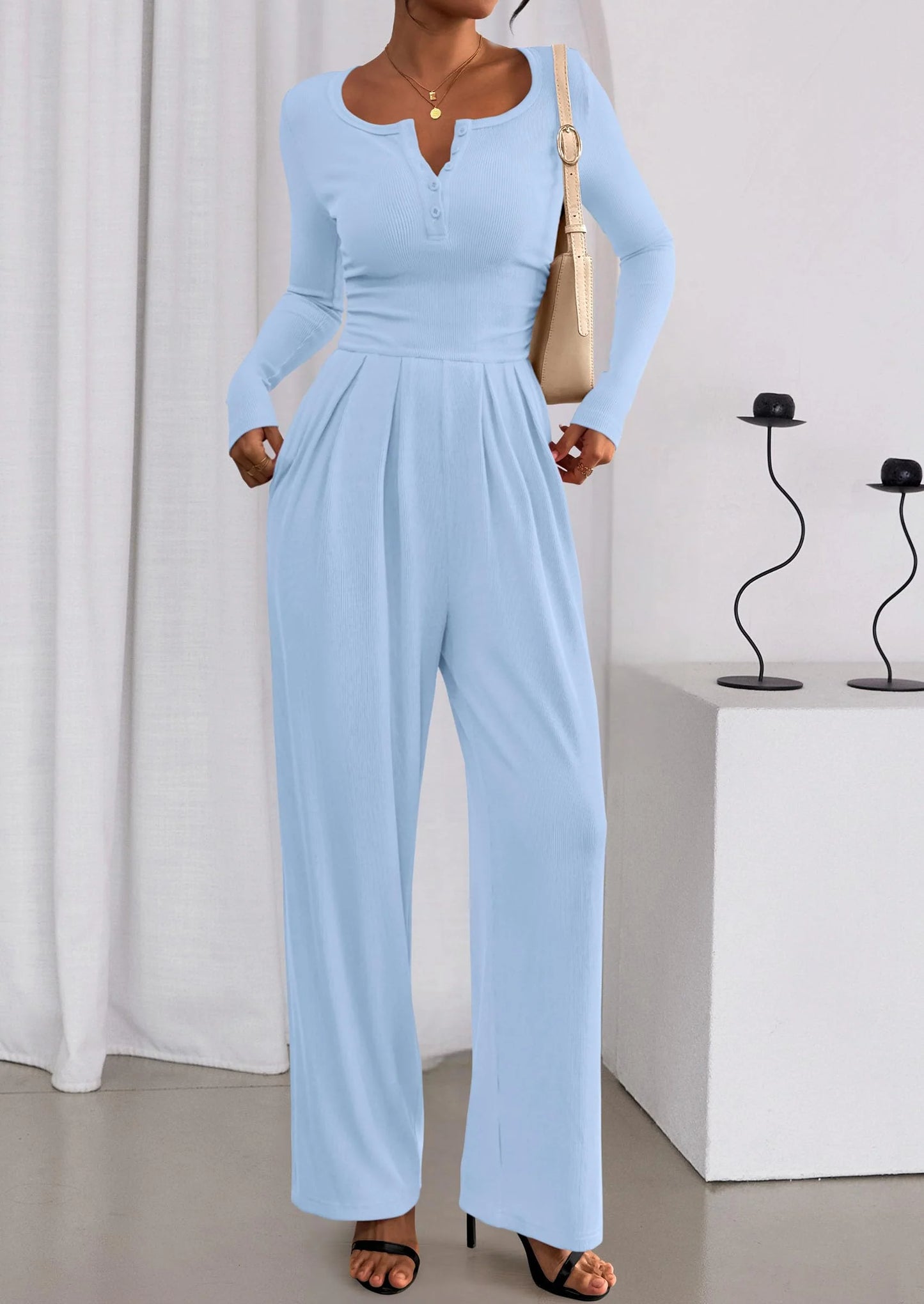 Jumpsuits for Women Dressy Casual Fall One Piece Outfits Long Sleeve Crew Neck Wide Leg Pants Rompers