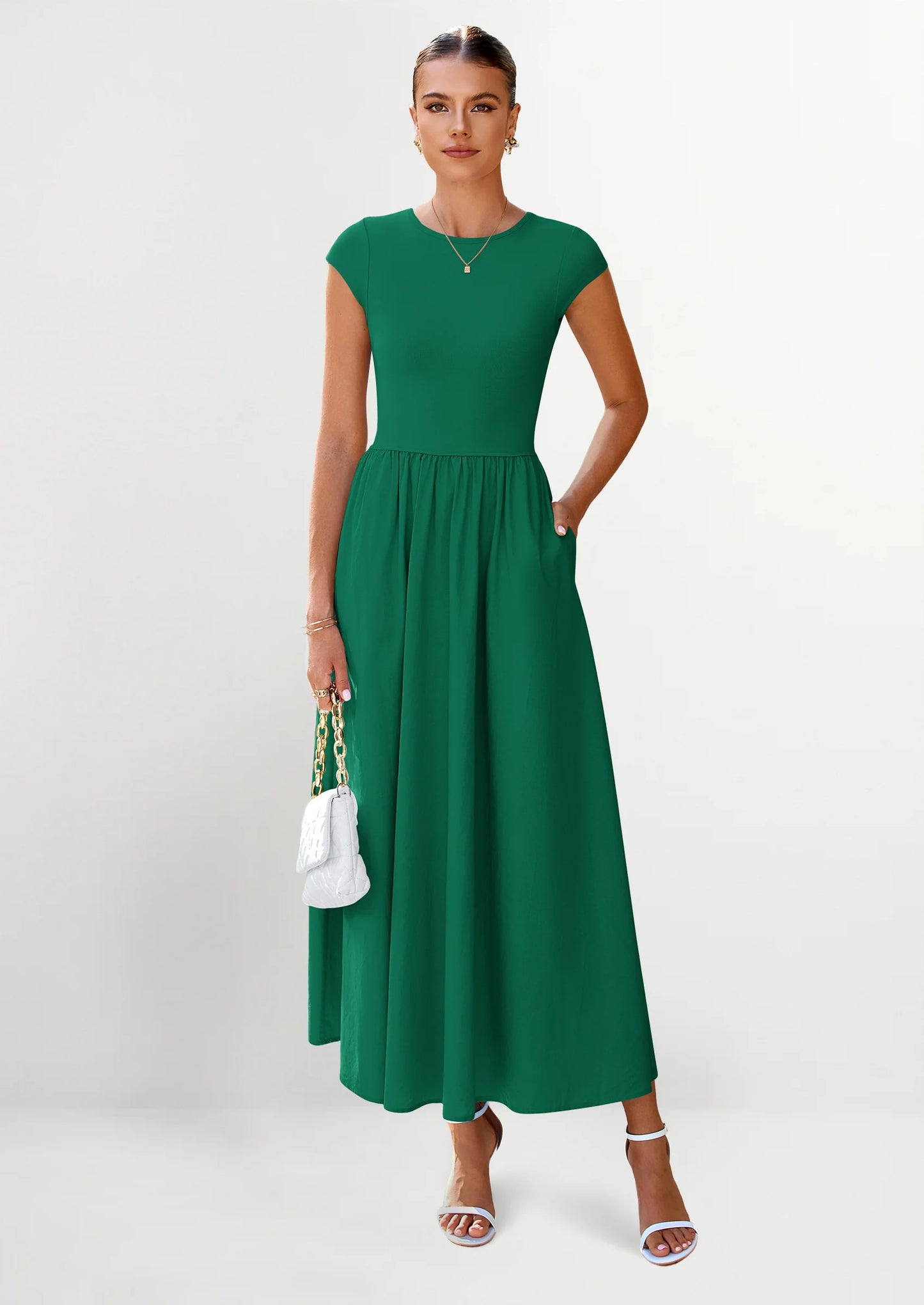 Women's Casual Long Dresses Cap Sleeve Patchwork A Line Flowy Modest Elegant Homecoming Maxi Dress