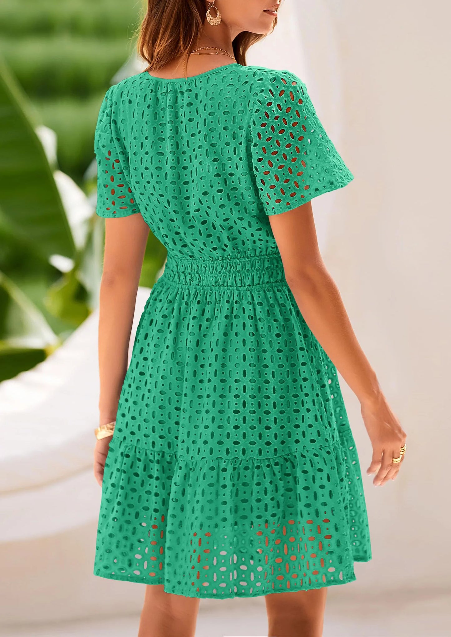 Women Summer Short Dress V Neck Short Sleeve A Line Hollow Out Lace Ruffle Cute Casual Beach Party Dresses