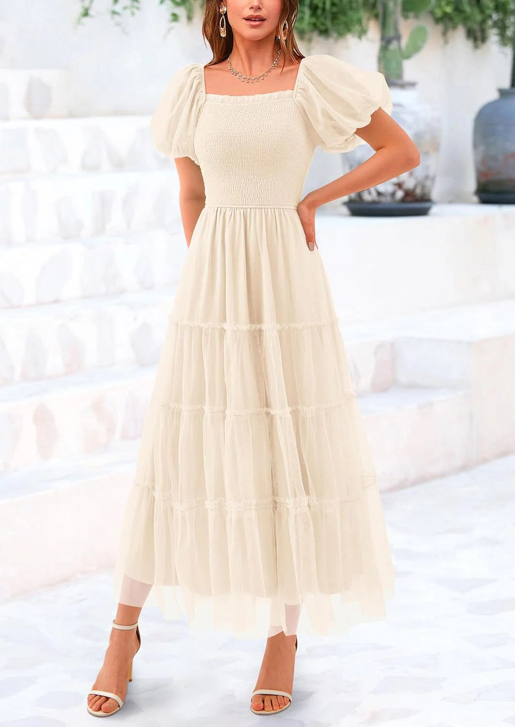Women's Smocked Tulle Midi Dress Square Neck Puffy Short Sleeve Ruffle Wedding Guest Party Dresses