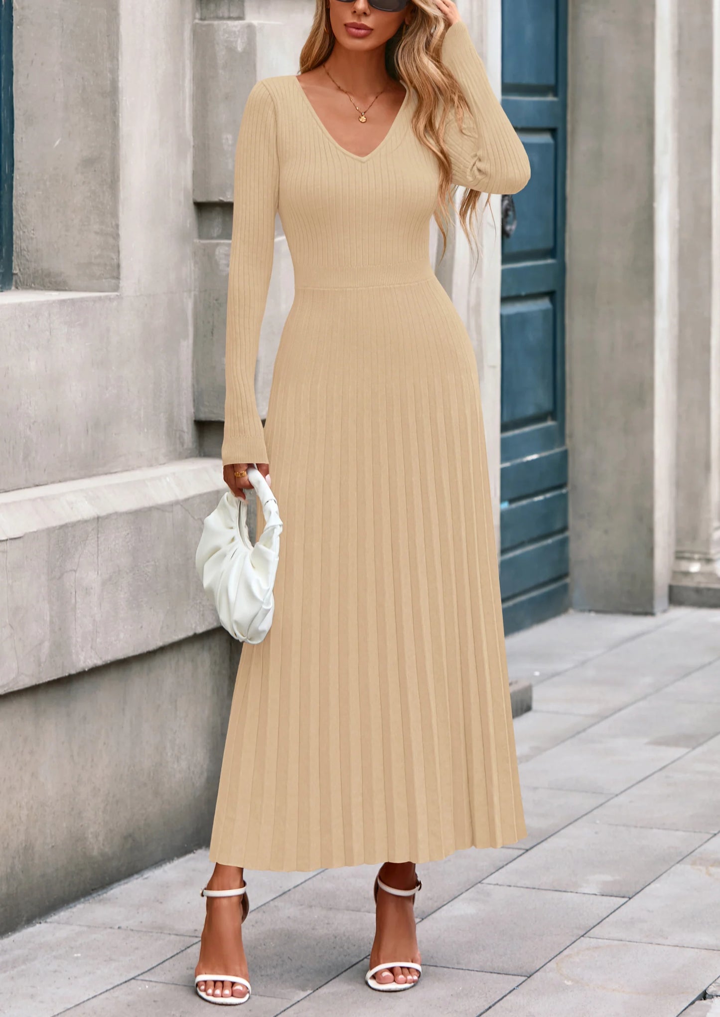 Women Sweater Dress Fall Fashion Long Sleeve V Neck Ribbed Knit Pleated A Line Elegant Maxi Winter Dresses
