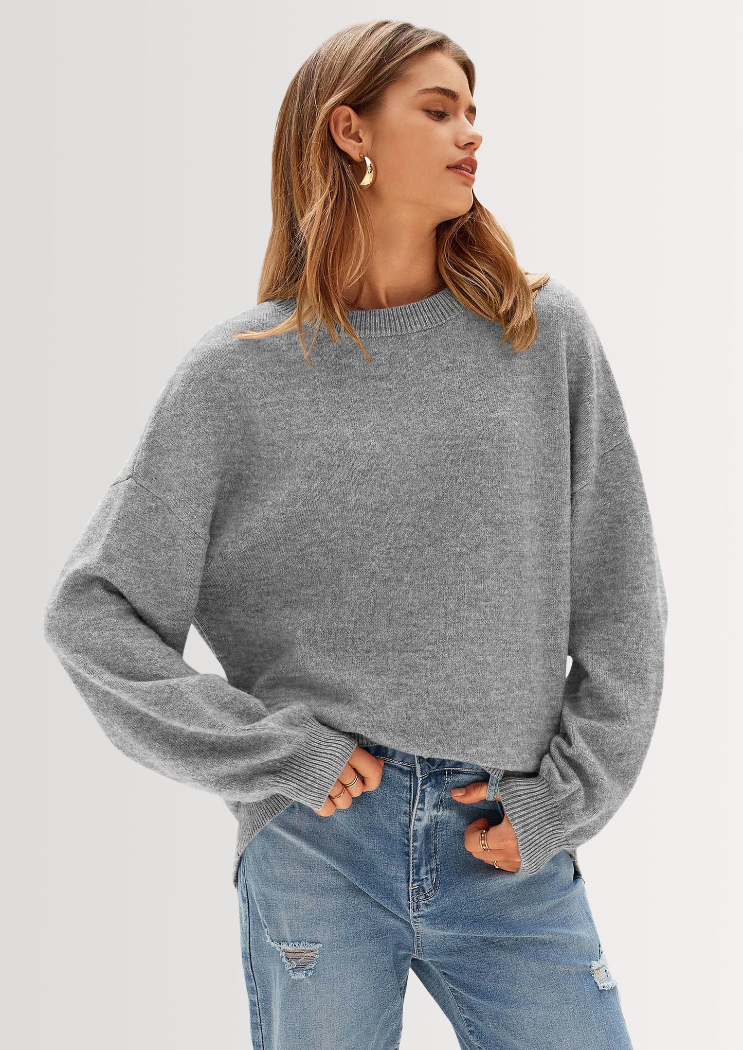 Women's Fall Sweaters Casual Crew Neck Long Sleeve Pullover Tops Ribbed Knit Loose Fit Winter Clothes