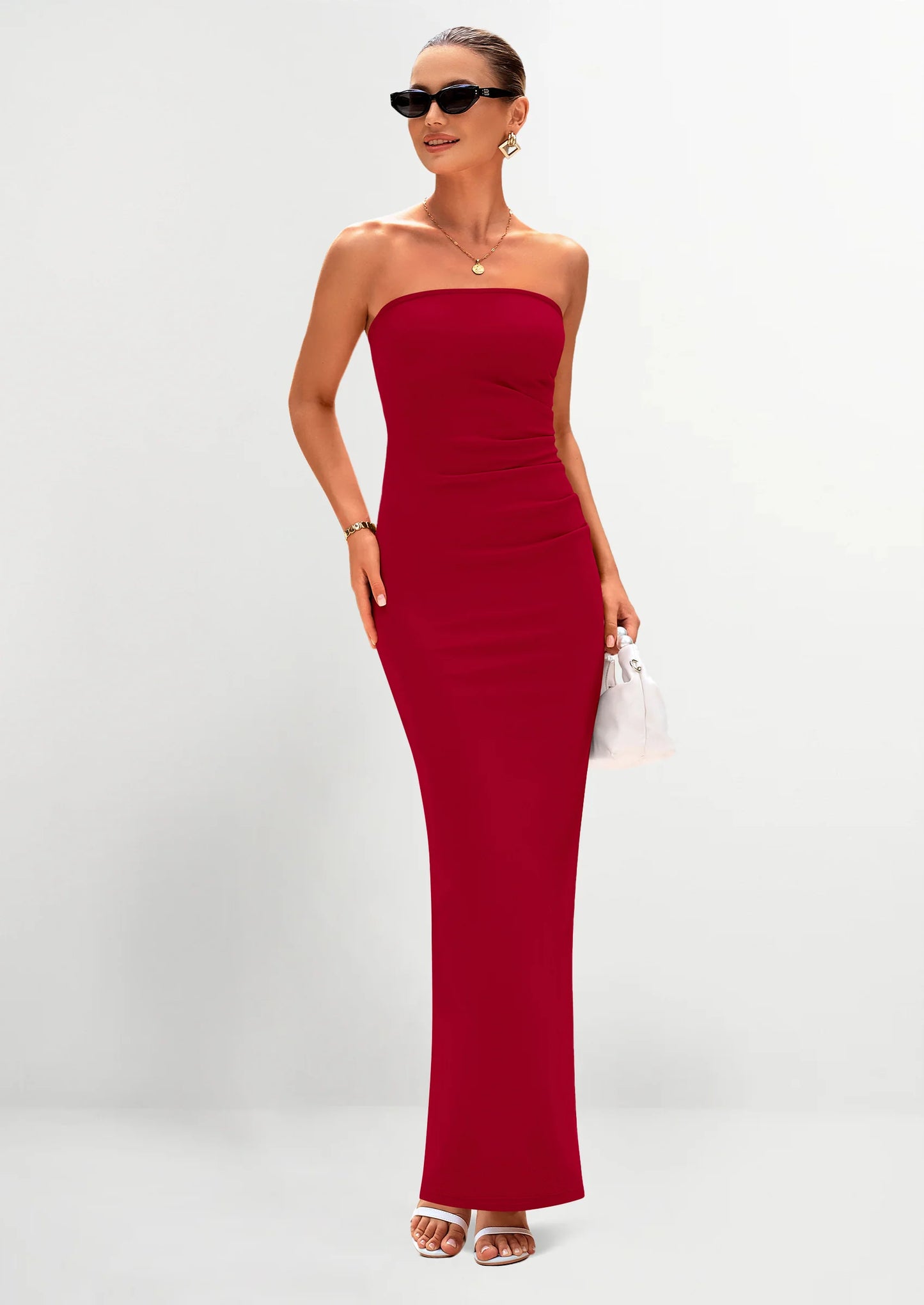 Women's Semi Formal Cocktail Dresses Strapless Tube Bodycon Ruched Evening Wedding Guest Maxi Dress