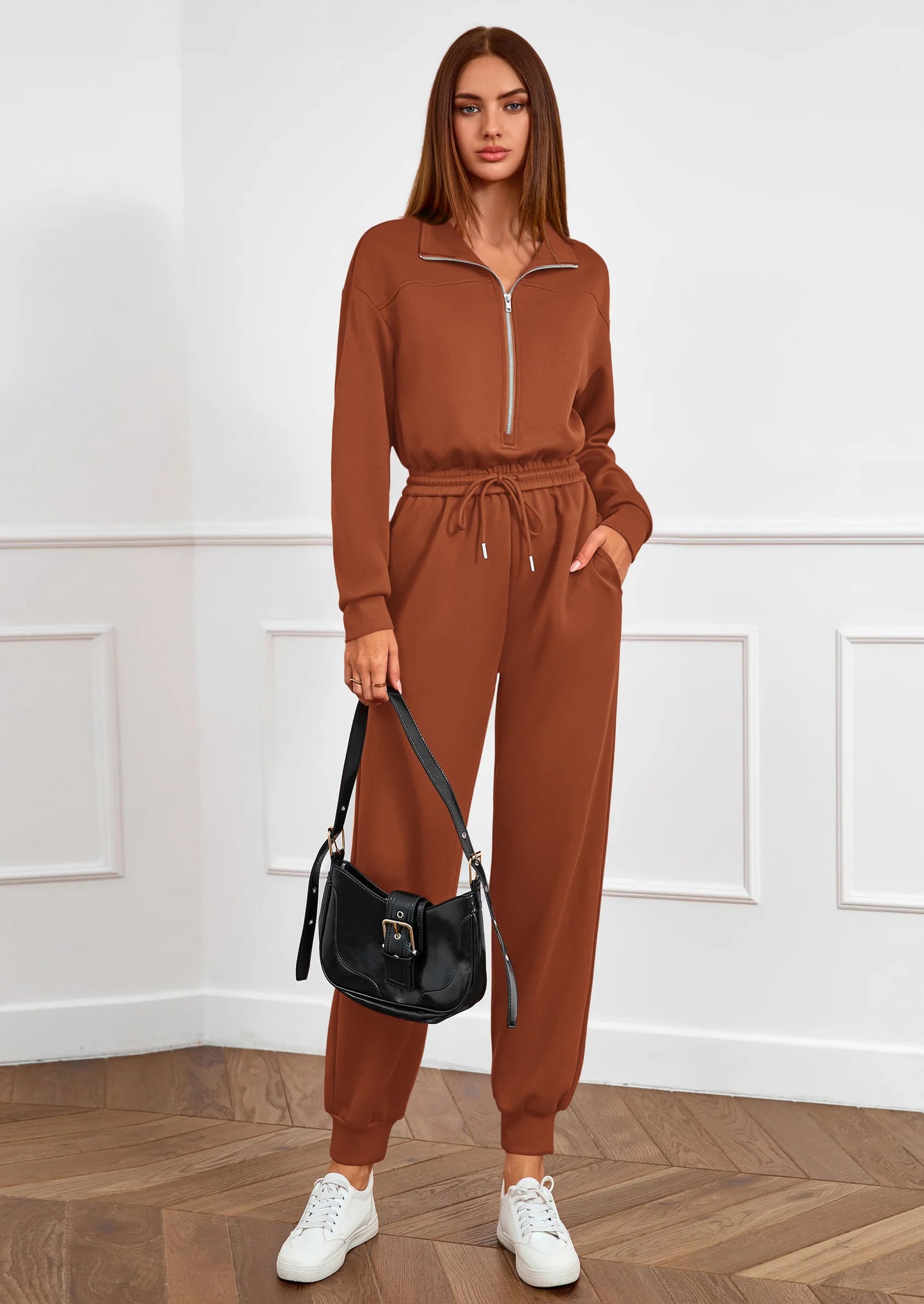 Long Sleeve Jumpsuits for Women Casual  Fall Fashion Zip Up Pant Rompers One Piece Sweatsuits Travel Outfits