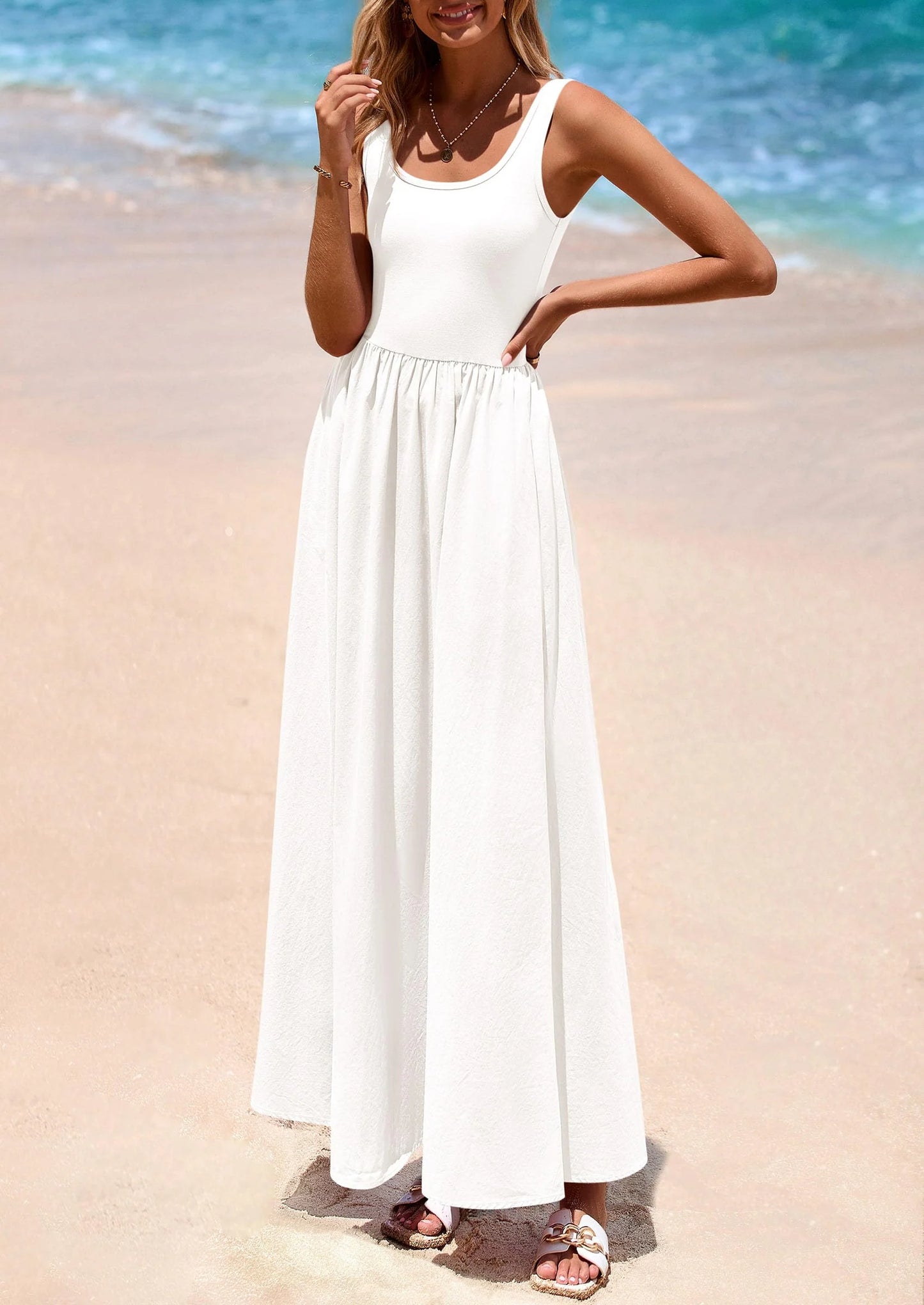 Womens Summer Casual Scoop Neck Sleeveless Long Dresses Tank Top Patchwork Aline Swing Maxi Dress with Pockets