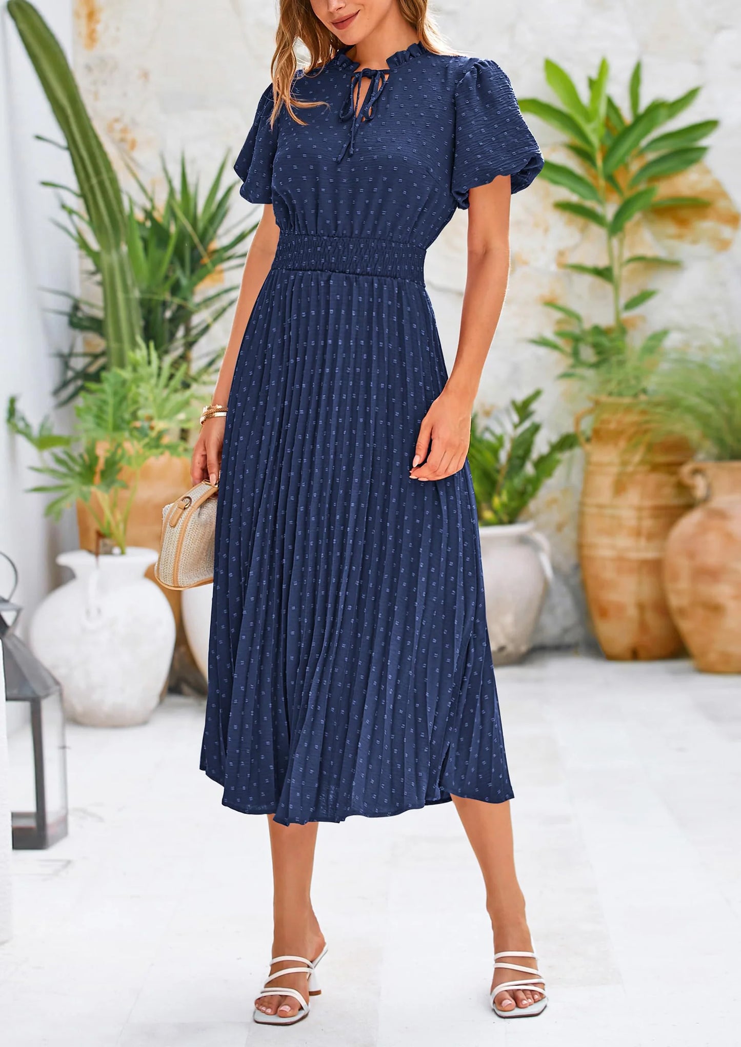 Womens Midi Dresses Puff Short Sleeve V Neck Swiss Dot Pleated A Line Flowy Long Wedding Guest Dress