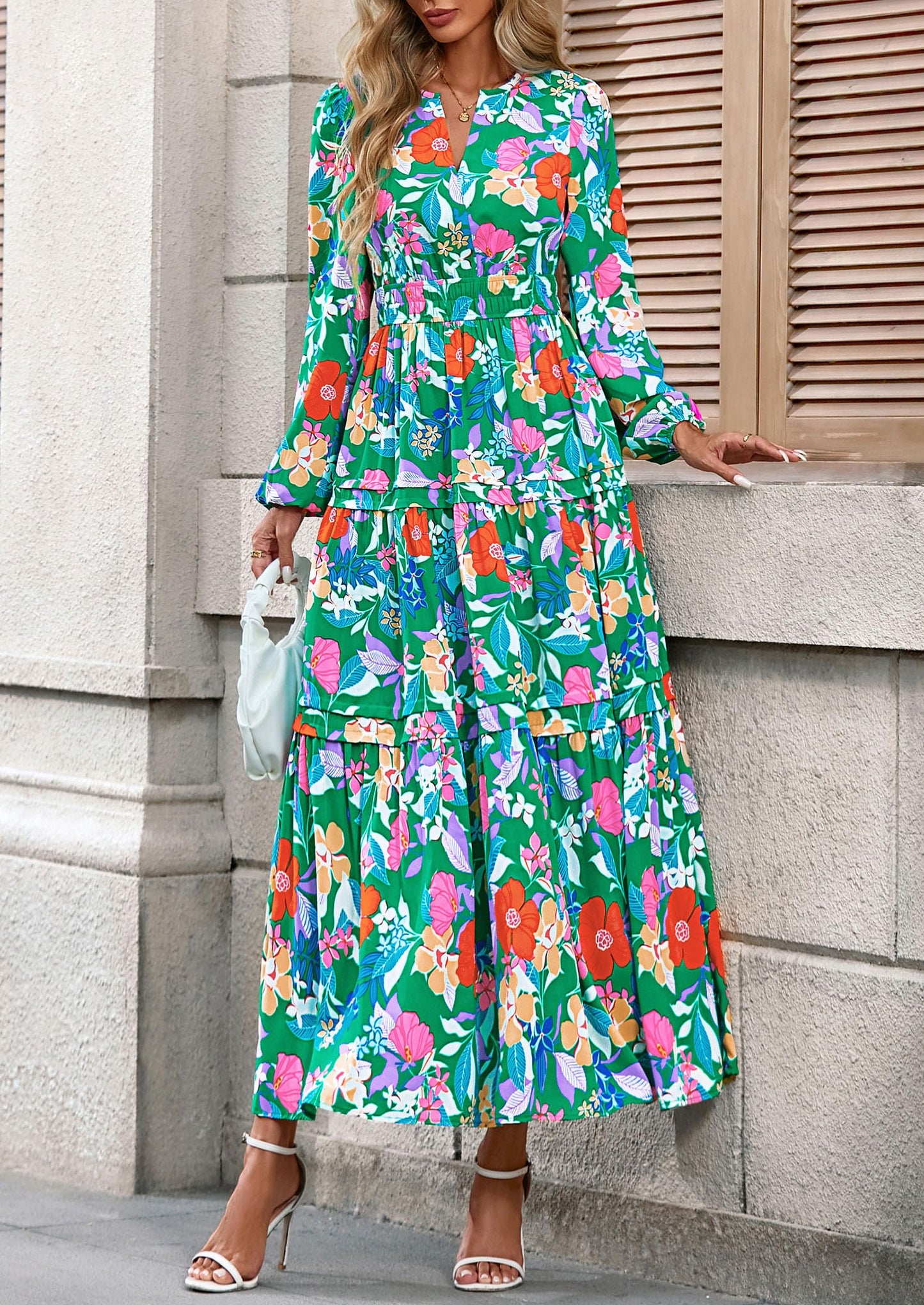 Women's Fall Boho Maxi Dresses Floral Long Sleeve V Neck Flowy Elegant Wedding Guest Dress Vacation Outfits