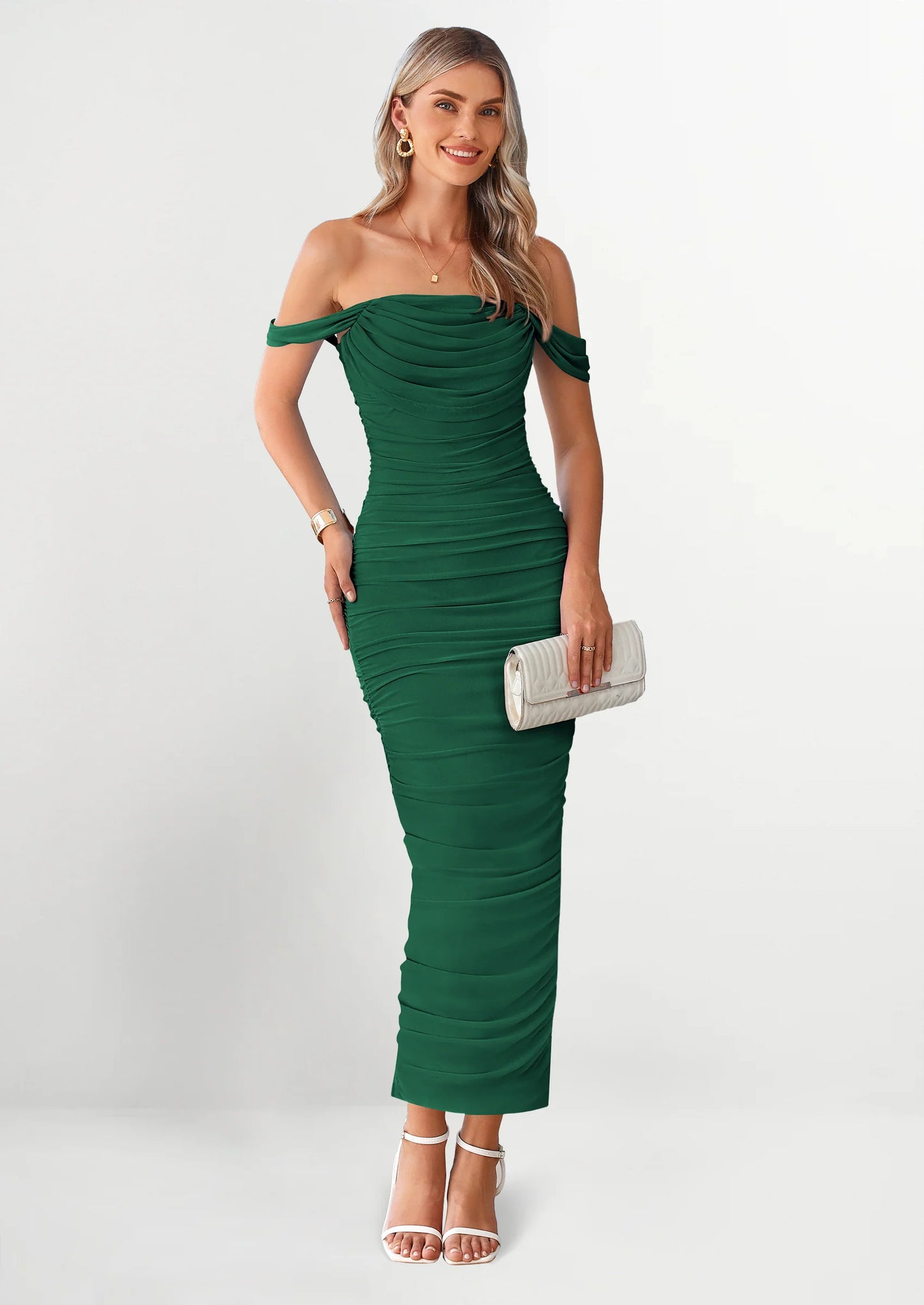 Womens Off The Shoulder Dress Ruched Bodycon Sleeveless Split Cocktail Party Maxi Dresses