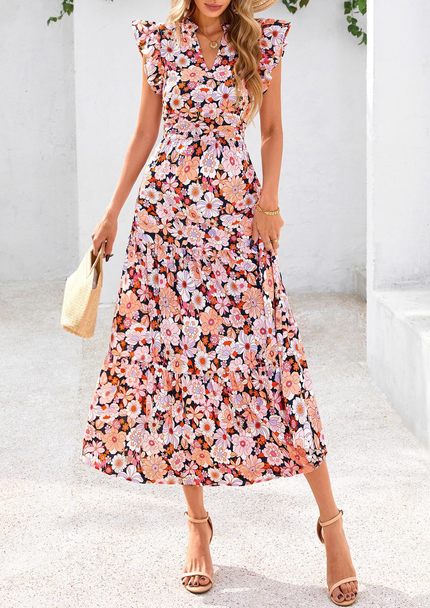 Women's Summer Floral Midi Dress Cap Sleeve V Neck Ruffle Long Flowy Boho Casual Beach Vacation Dresses