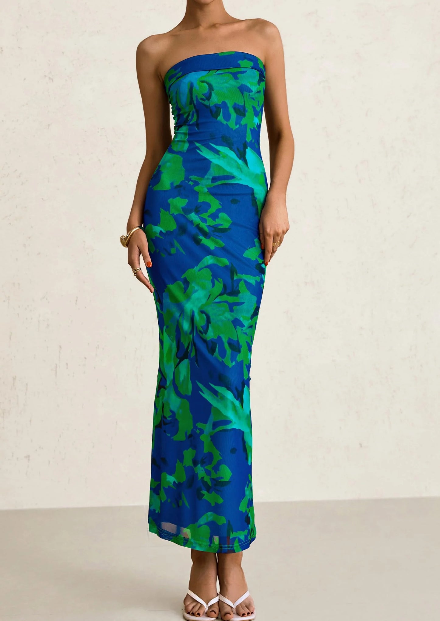 Womens Printed Tube Maxi Dress Strapless Bodycon Sleeveless Night Out Long Dresses