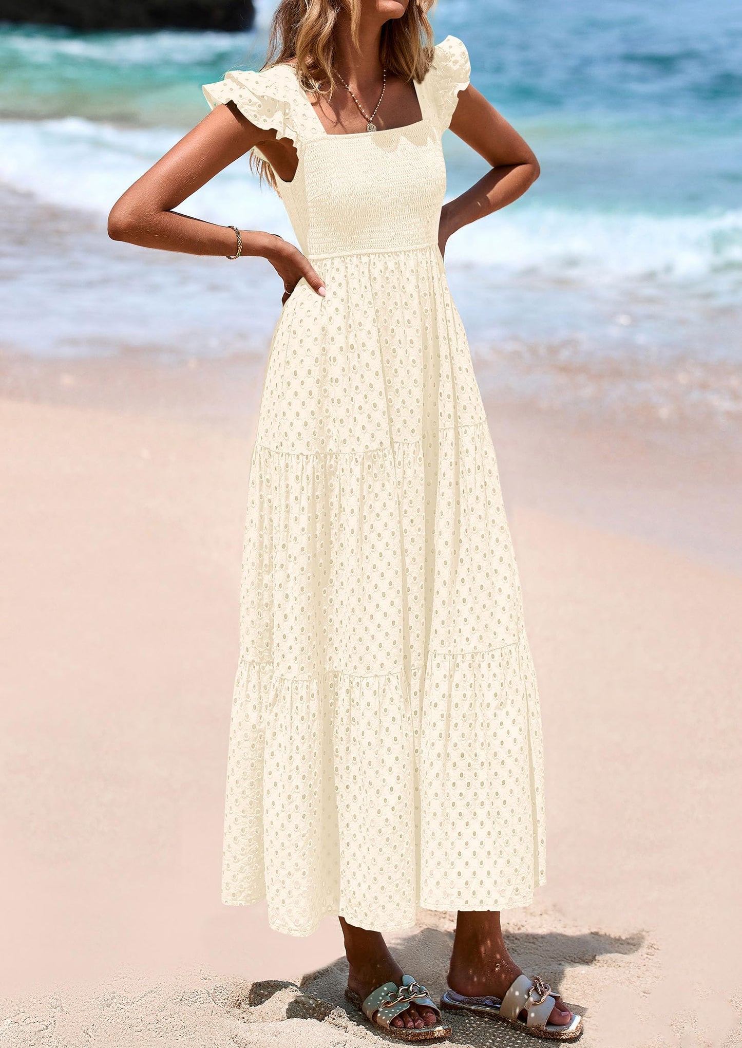 Womens Square Neck Maxi Dresses Cap Sleeve Eyelet Smocked Tiered A Line Flowy Long Dress with Pockets