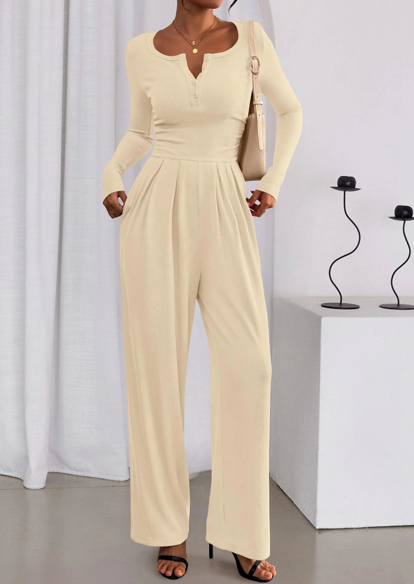 Jumpsuits for Women Dressy Casual Fall One Piece Outfits Long Sleeve Crew Neck Wide Leg Pants Rompers
