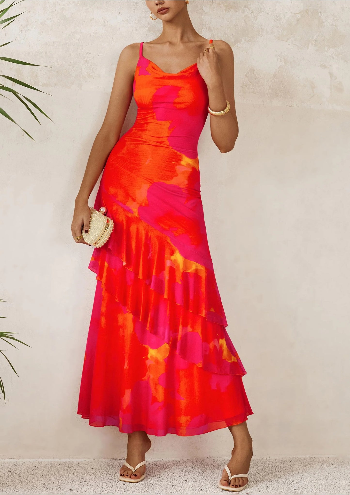 Maxi Dresses for Women Floral Beach Sundress Spaghetti Strap Tiered Wedding Guest Long Dress