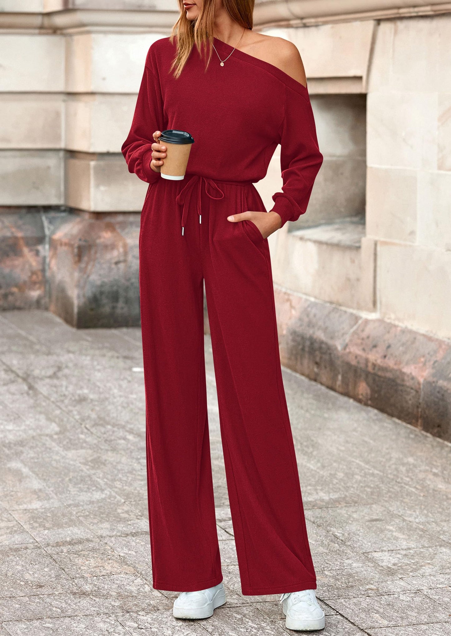 Long Sleeve Jumpsuit For Women Dressy Off Shoulder One Piece Loose Wide Leg Jumpsuits Casual Flowy Romper