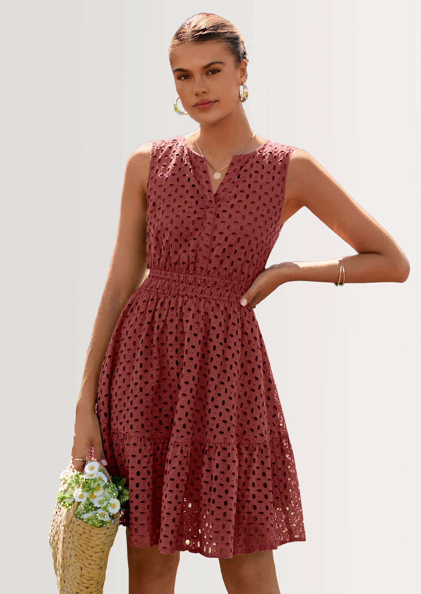 Women's Summer Dresses Sleeveless V Neck Eyelet Hollow Out Swing A Line Beach Vacation Sun Dress