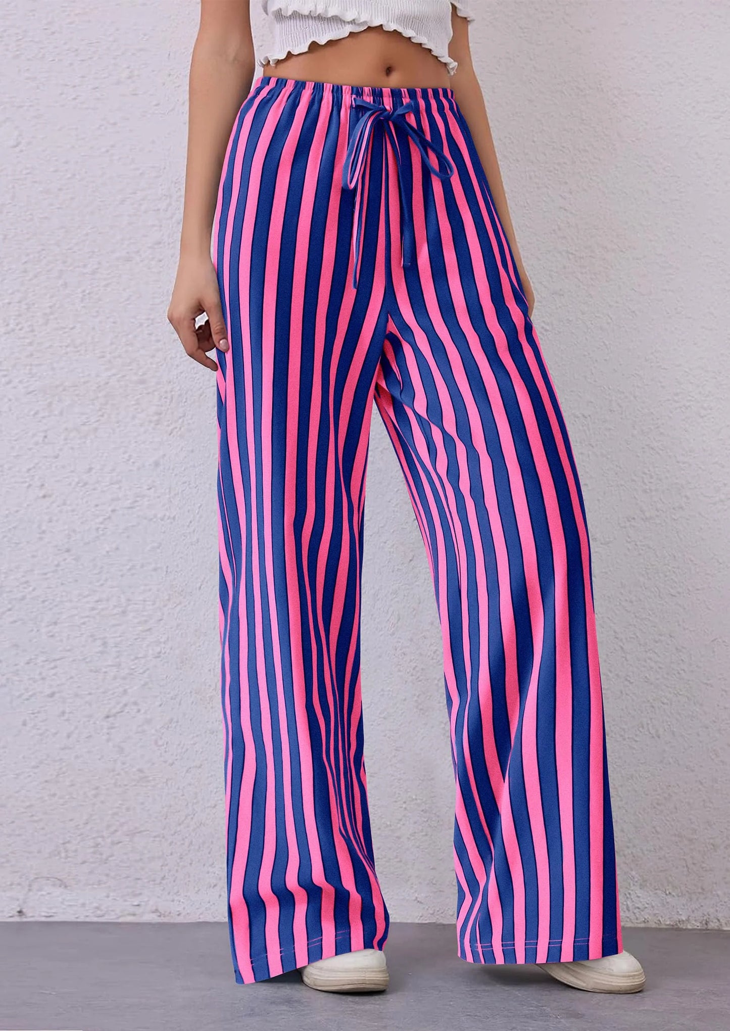 Women's Summer Striped Wide Leg Lounge Pants Trendy Clothes Drawstring Elastic Waist Comfy Pajama Bottoms