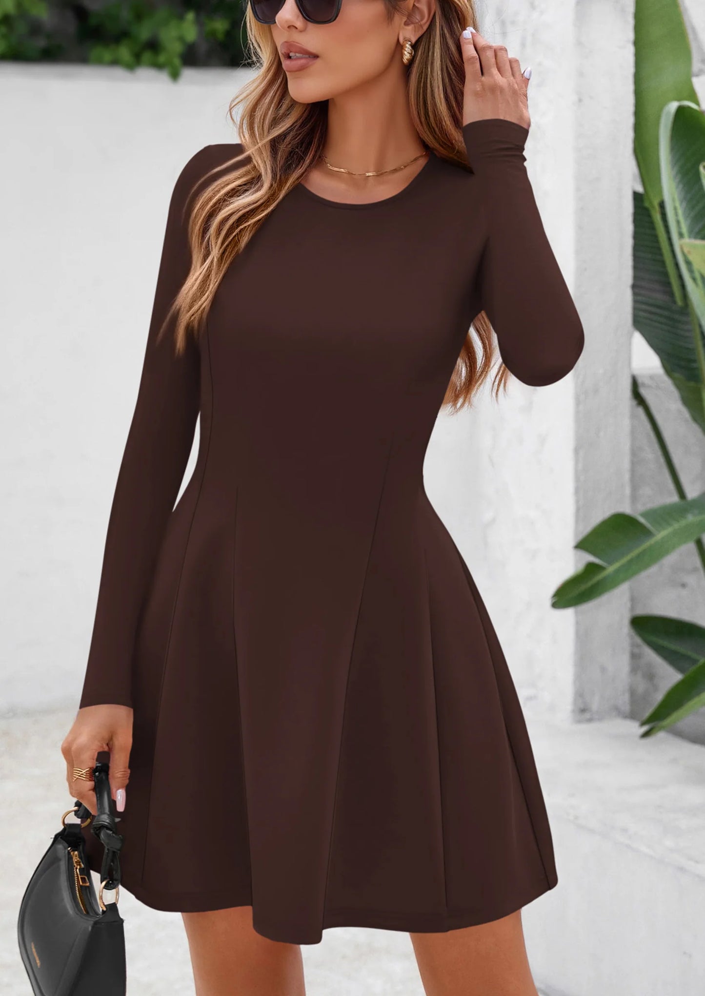 Long Sleeve Mini Dress for Women Fall Crewneck Knit Pleated Babydoll A Line Soft Casual Short Party Dresses