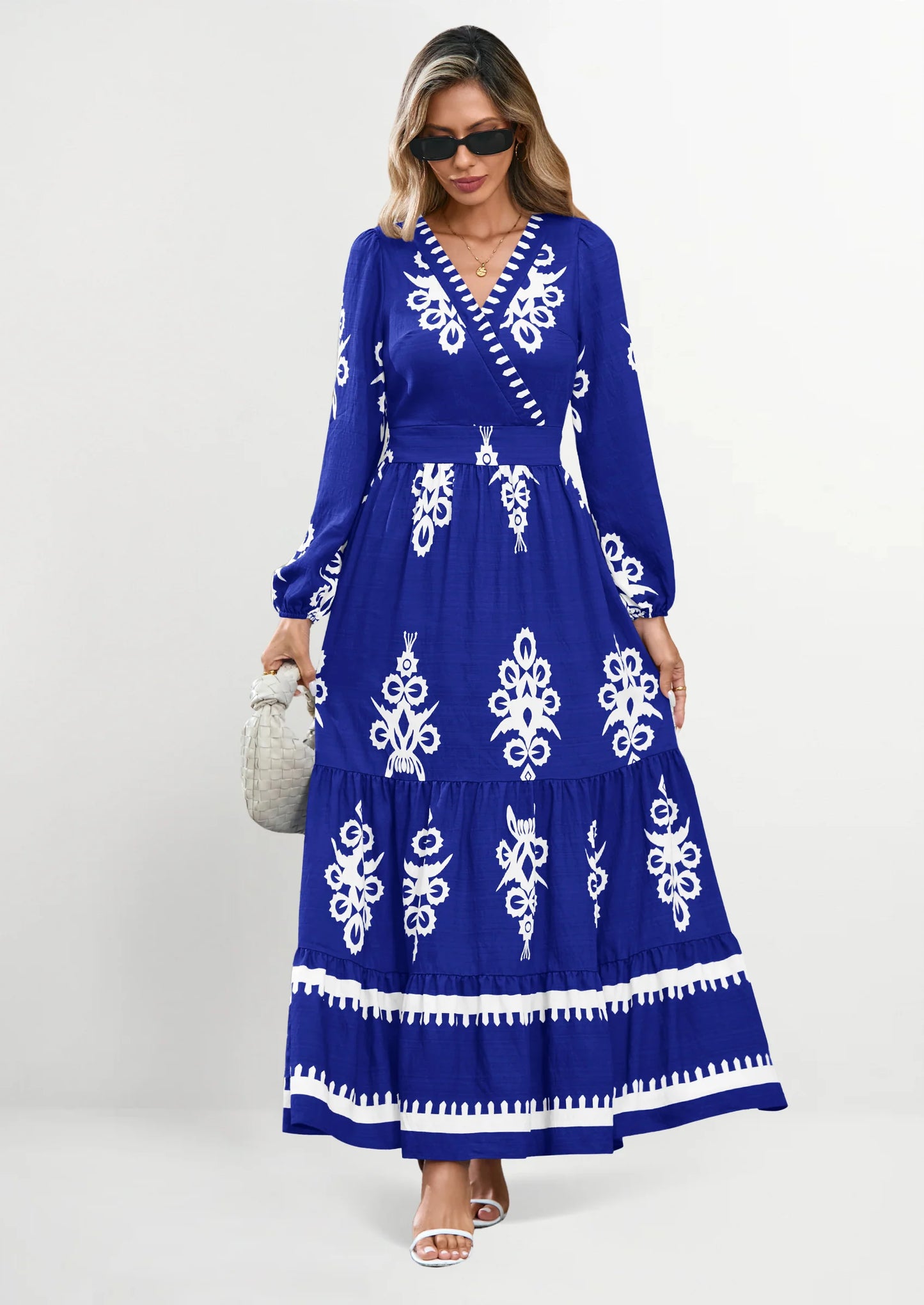 Women's Fall Wedding Guest Dresses Boho Floral Long Sleeve V Neck Flowy Elegant Maxi Dress Beach Clothes