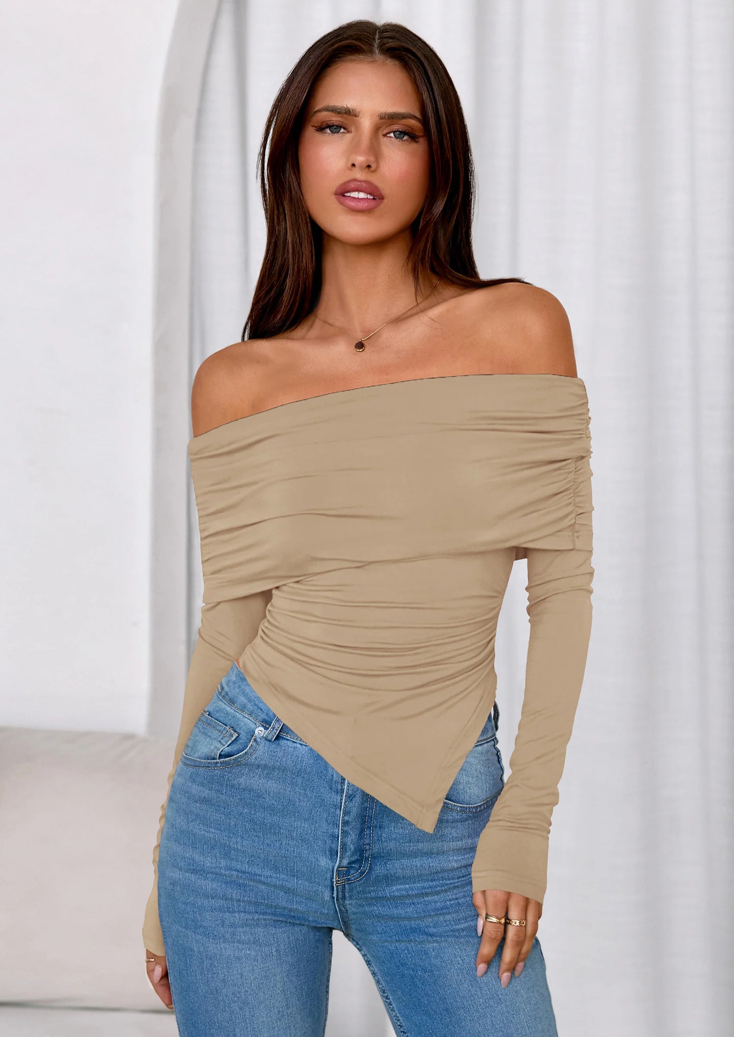 Women's Long Sleeve Shirts Off Shoulder Tops Going Out Slim Fitted Y2K Blouses Fall Fashion Clothes