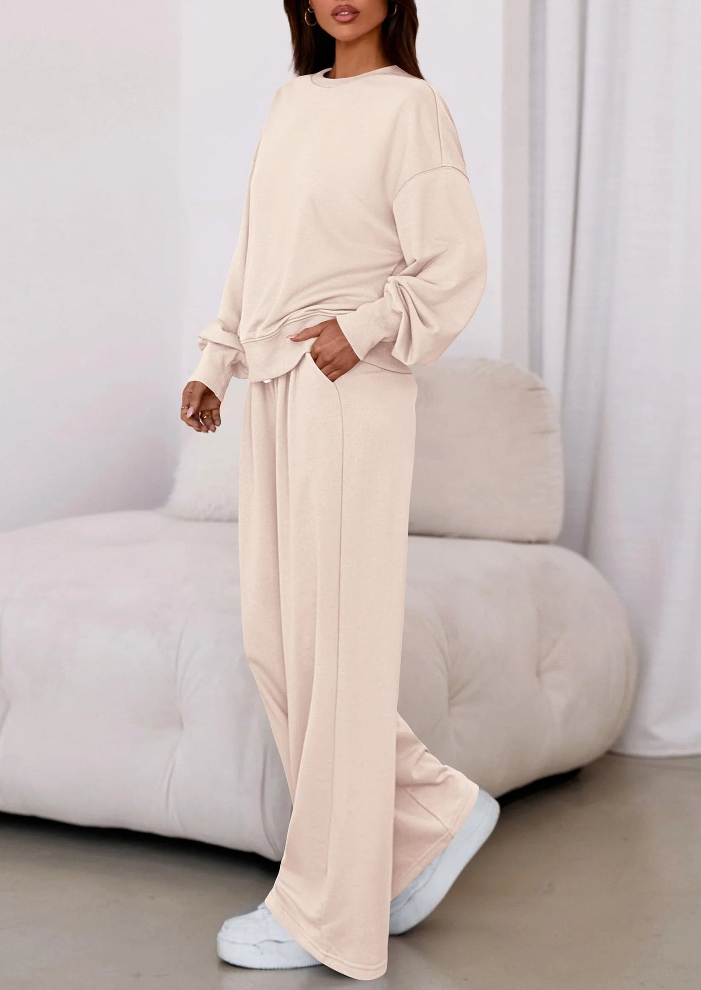 Womens 2 Piece Sets Long Sleeve Sweatshirt Wide Leg Pants Loose Matching Lounge Set Trendy Fall Outfits