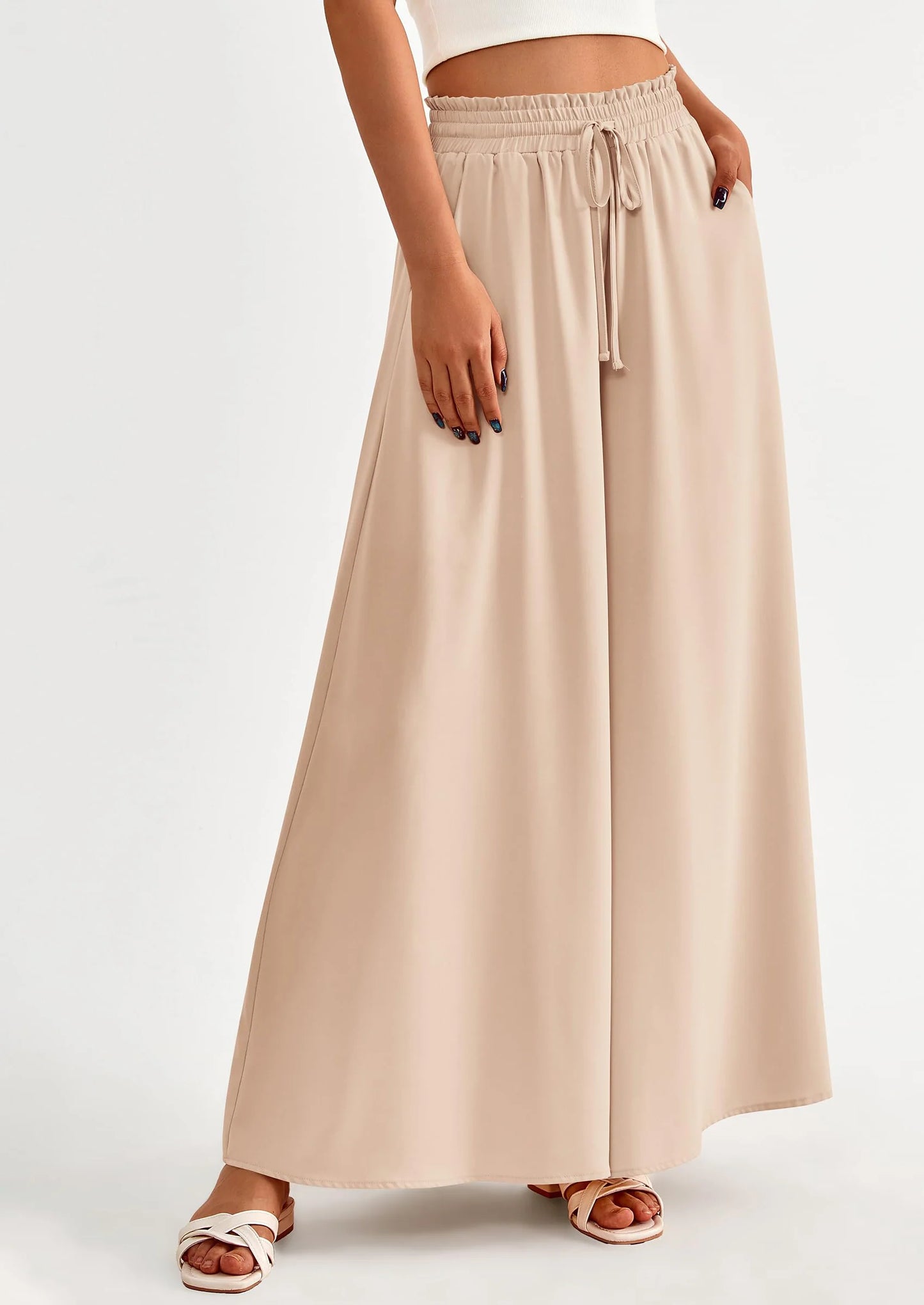 Women's Summer Wide Leg Palazzo Pants High Waisted Flowy Pockets Trendy Casual Lounge Boho Beach Trousers