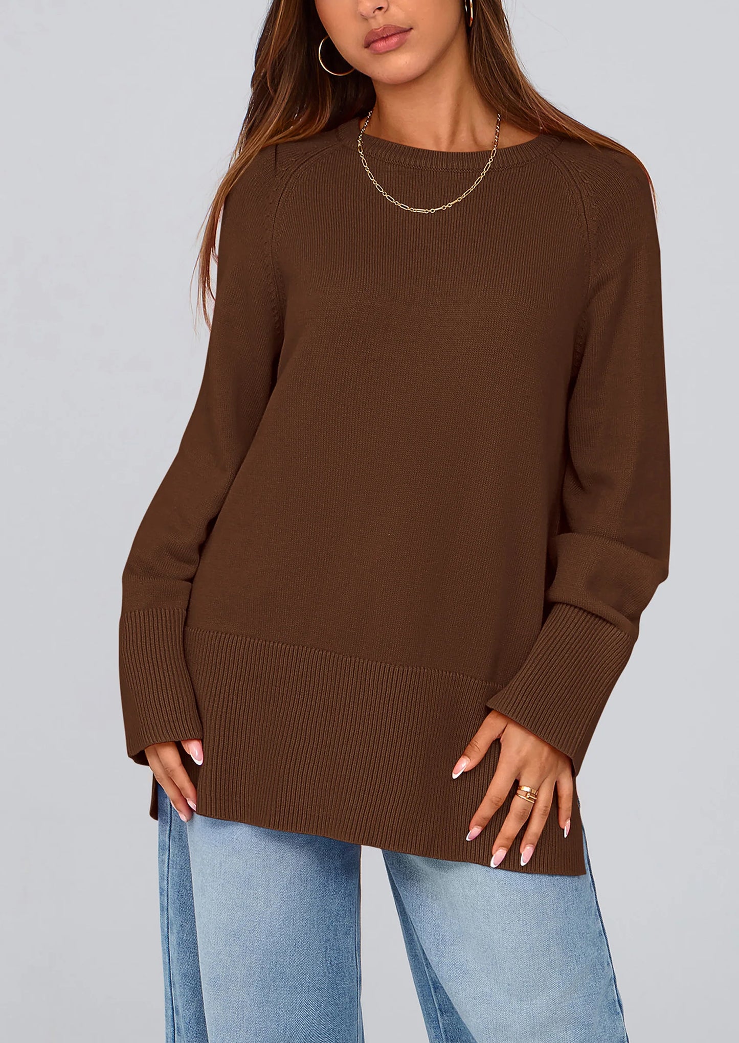 Women's Knit Fall Sweaters Long Sleeve Pullover Crewneck Split Hem Oversized Tunic Sweater Tops Winter Clothing