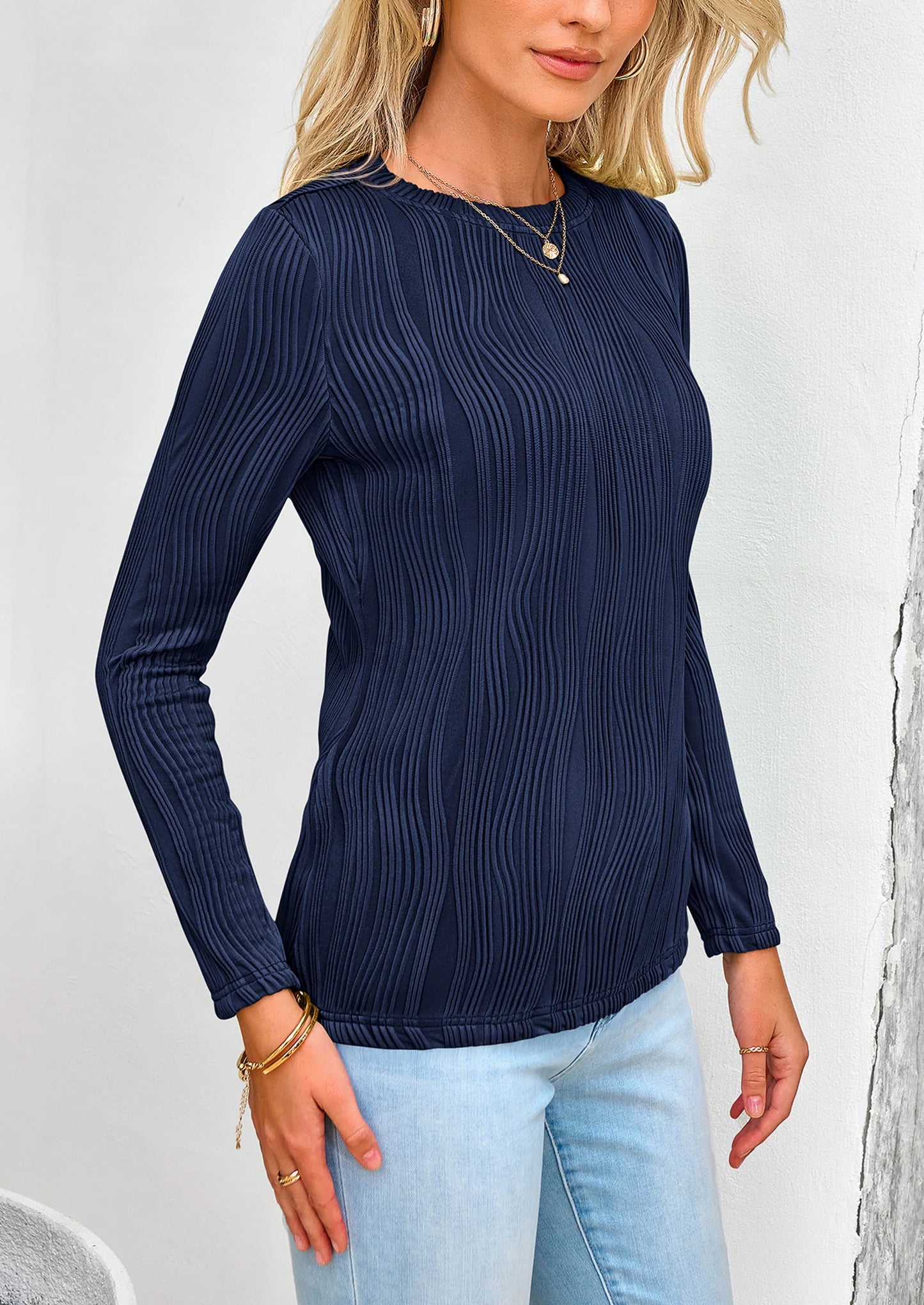 Long Sleeve Tops for Women Spring Fall Trendy Business Dressy Casual Shirts Crewneck Textured Blouse