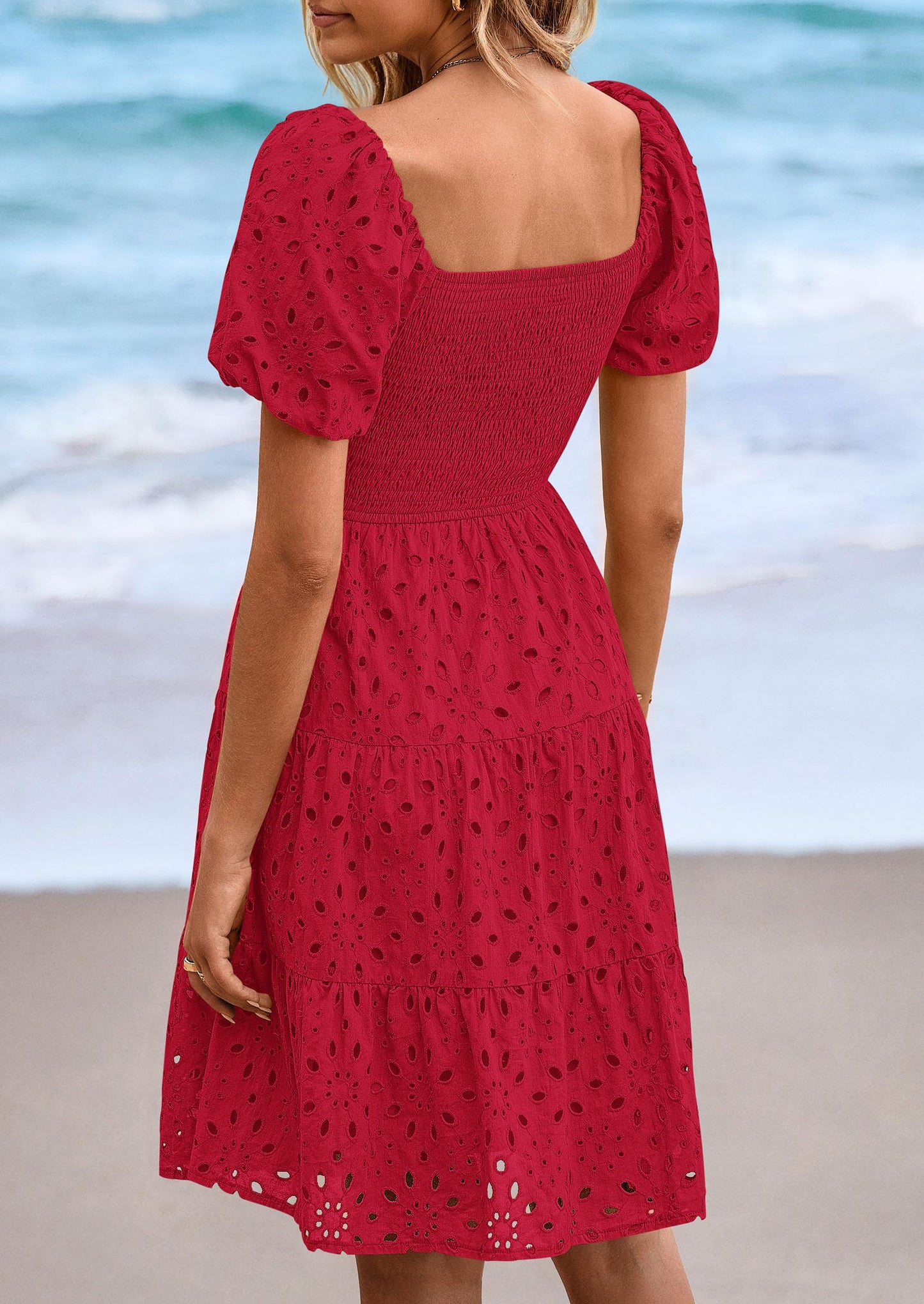 Womens Summer Puff Sleeve Mini Dress Off Shoulder Eyelet Smocked A Line Casual Babydoll Short Dresses