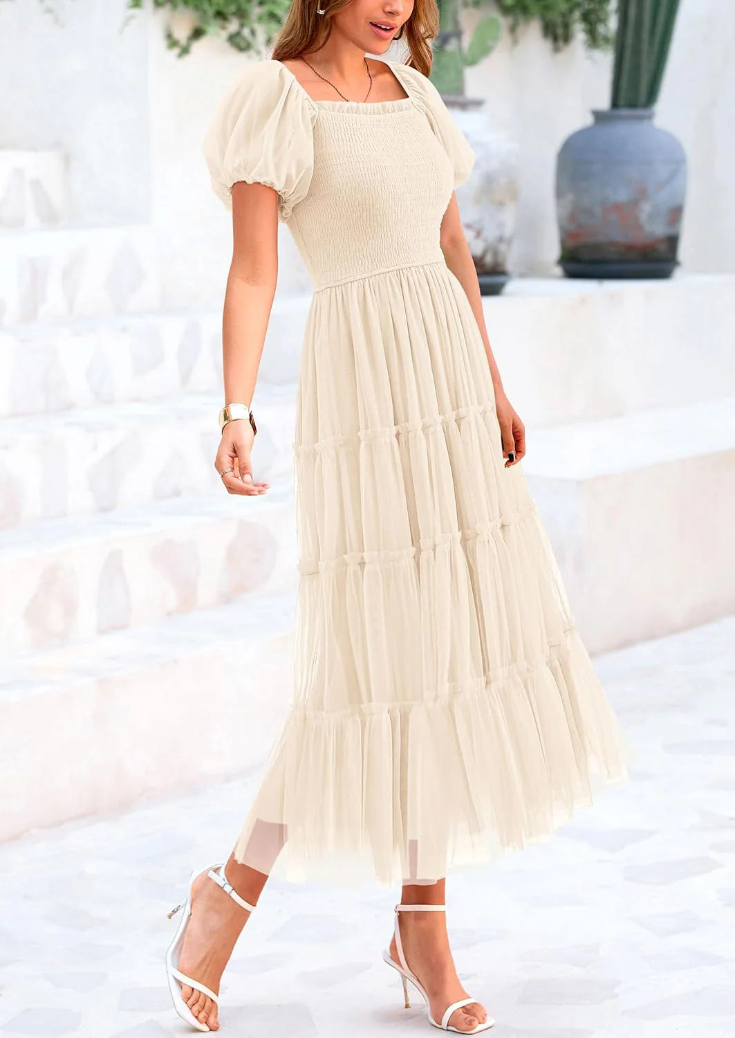 Women's Smocked Tulle Midi Dress Square Neck Puffy Short Sleeve Ruffle Wedding Guest Party Dresses