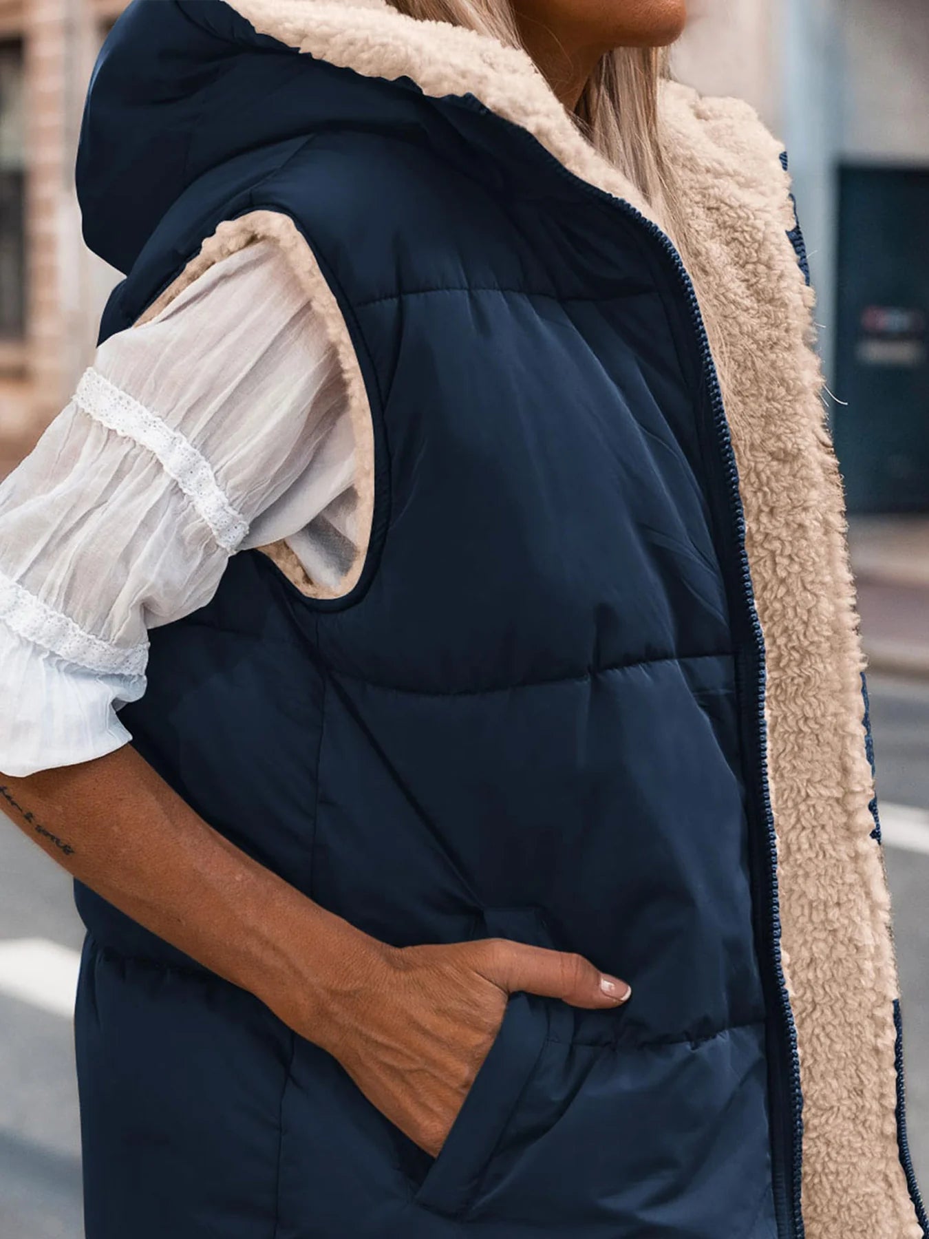 Womens Fall Reversible Vests Sleeveless Fleece Jacket Zip Up Hoodie Pockets Long Warm Winter Coat Outerwear