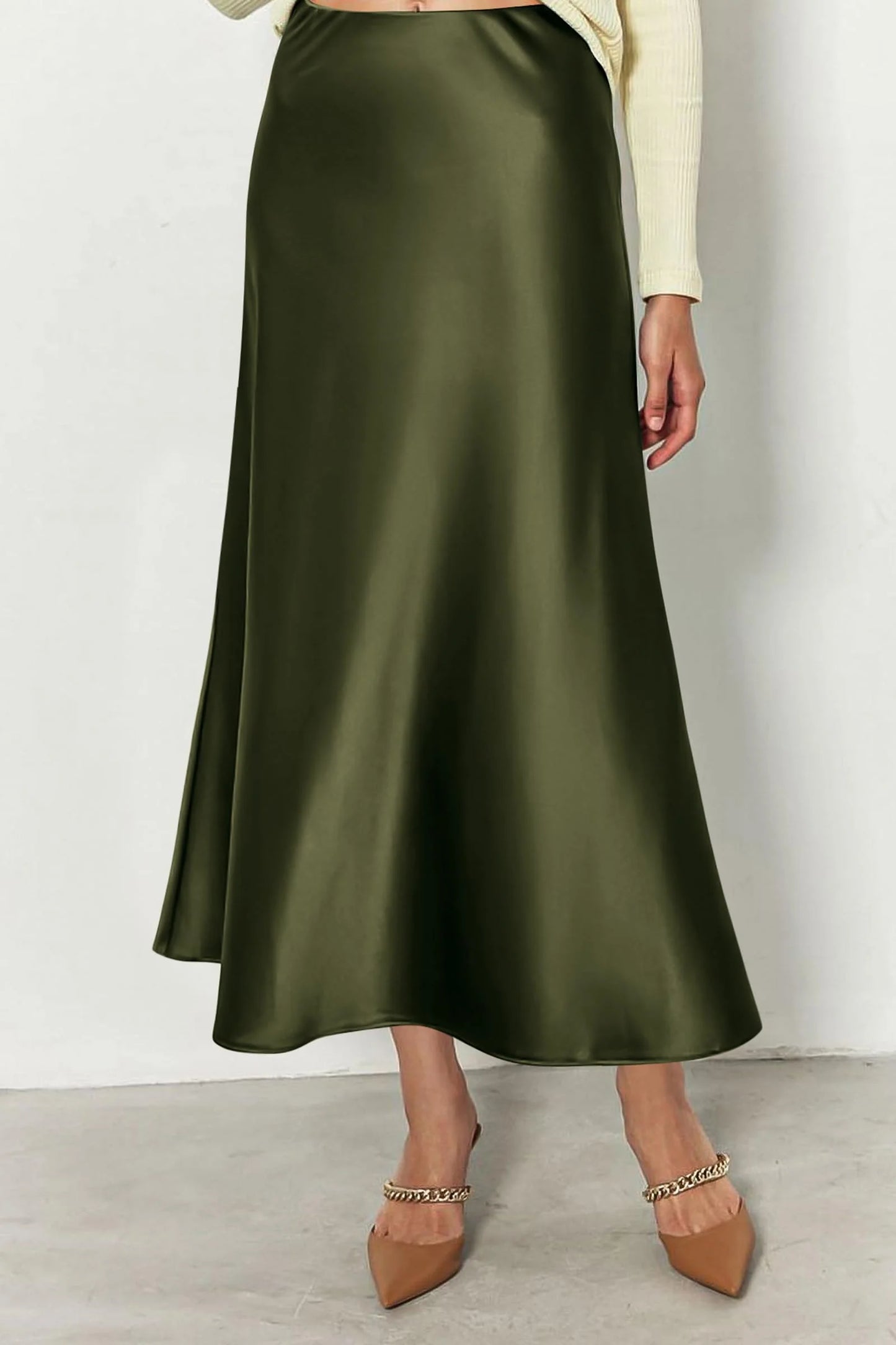 Women's Satin Skirts Dressy Casual Fall High Waisted Cocktail Wedding Flowy Elegant A Line Midi Skirt