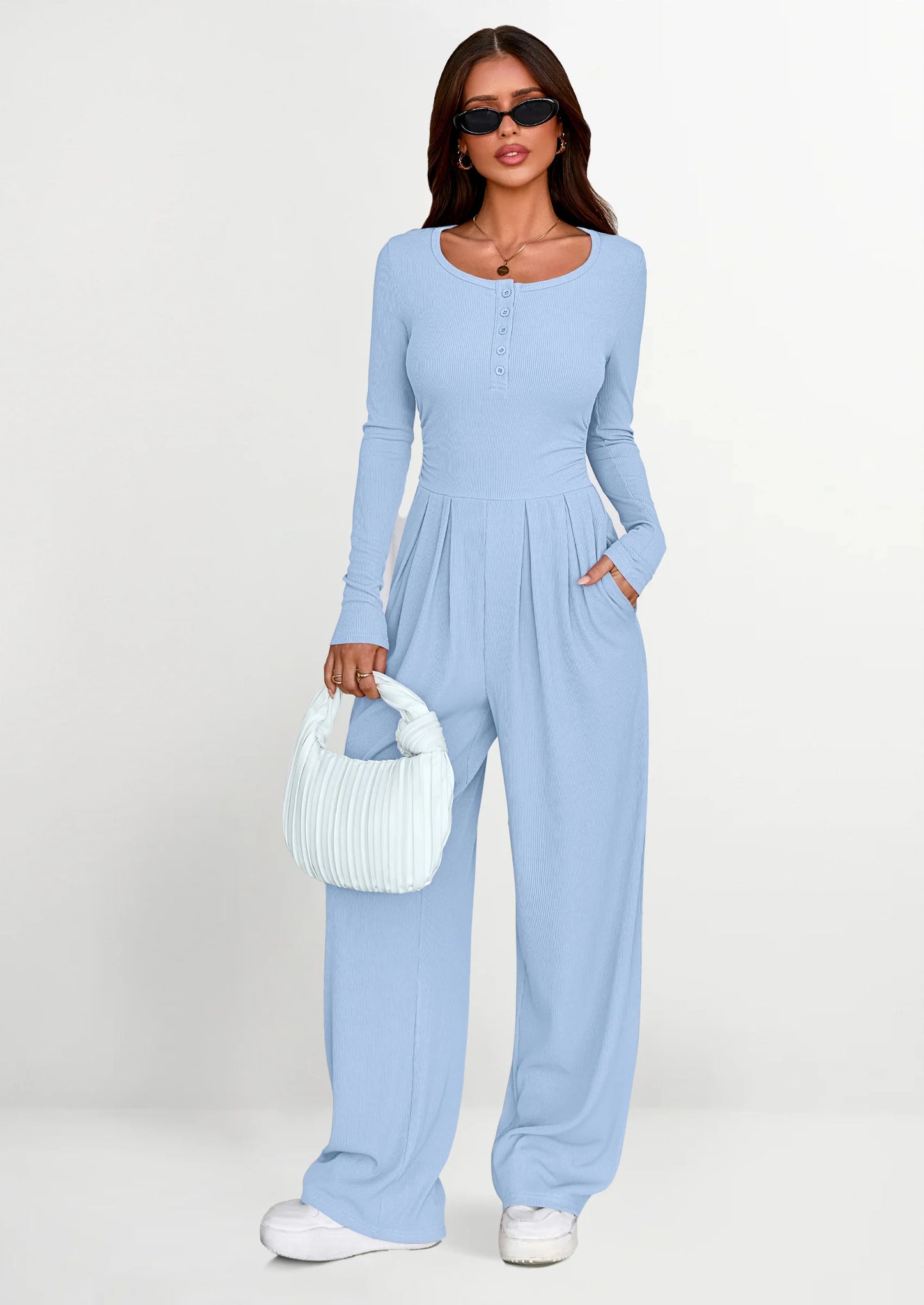 Jumpsuits for Women Dressy Casual Fall One Piece Outfits Long Sleeve Crew Neck Wide Leg Pants Rompers