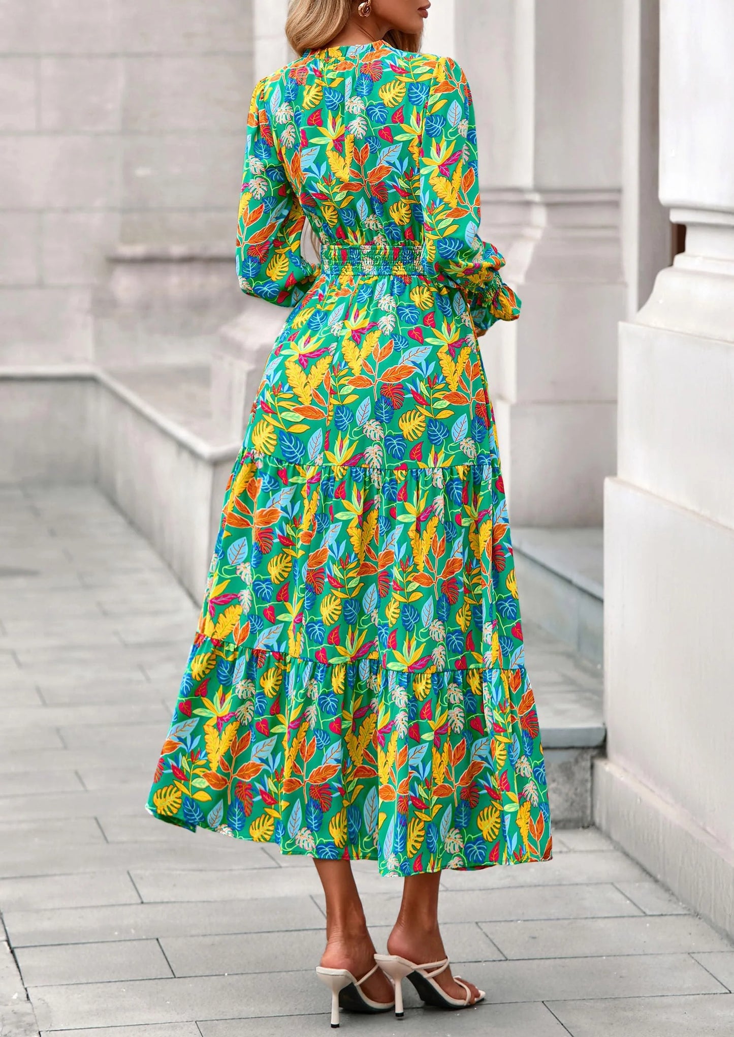 Women's Floral Maxi Dress Spring Long Sleeve V Neck Casual A Line Long Flowy Boho Party Dresses