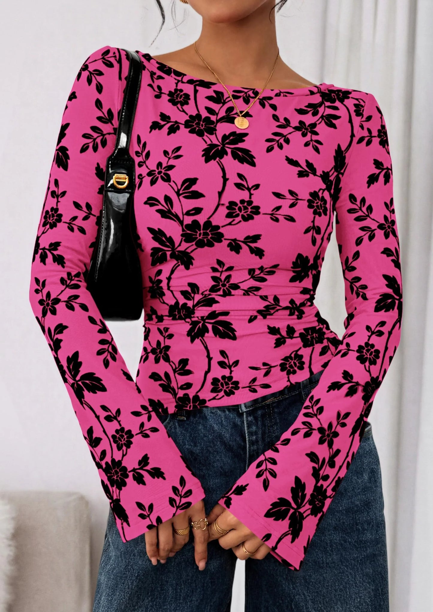 Women Long Sleeve Floral Mesh Tops Blouse  Fall Trendy Boat Neck Ruched Fitted Shirt Going Out Date Outfits
