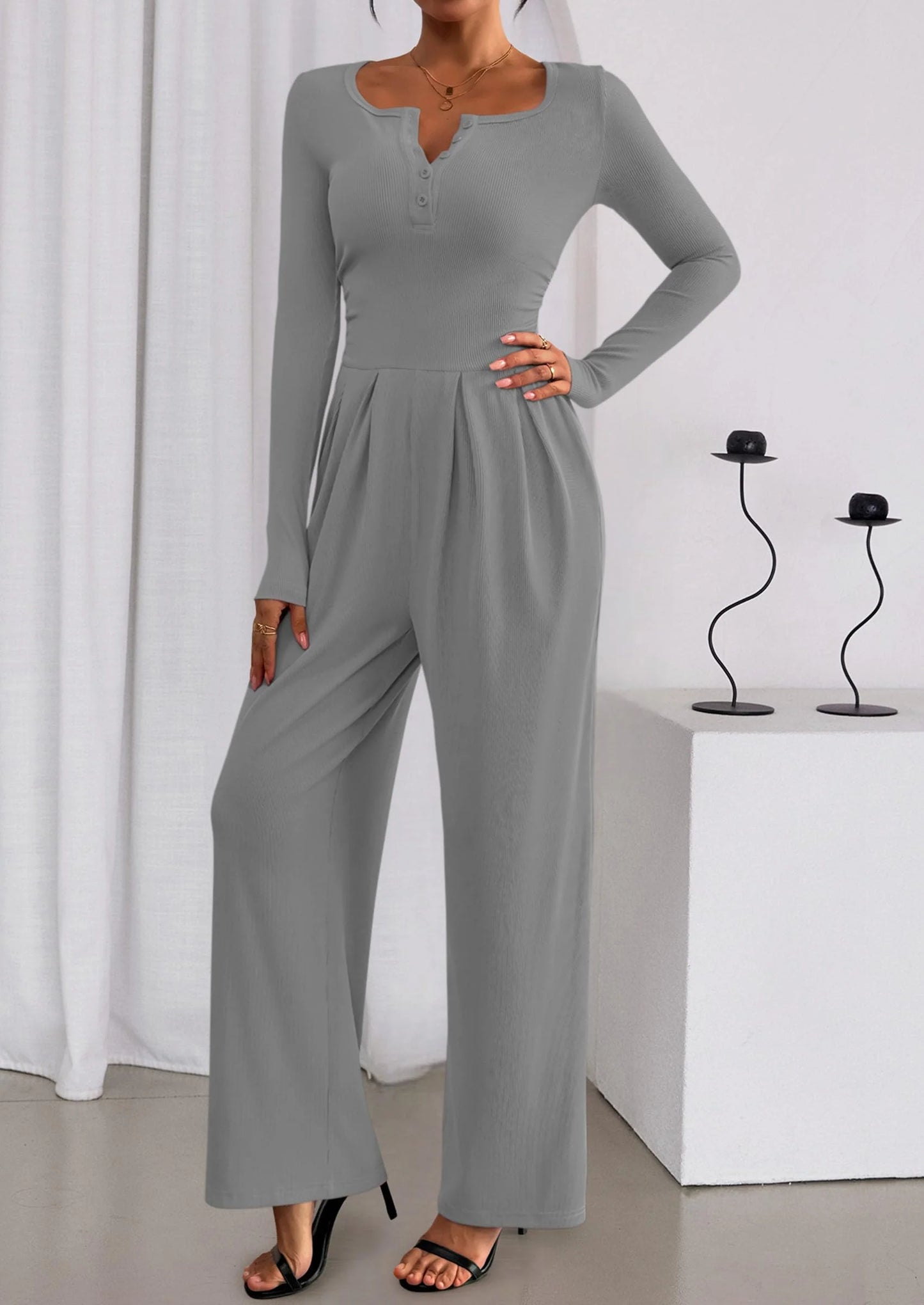 Jumpsuits for Women Dressy Casual Fall One Piece Outfits Long Sleeve Crew Neck Wide Leg Pants Rompers