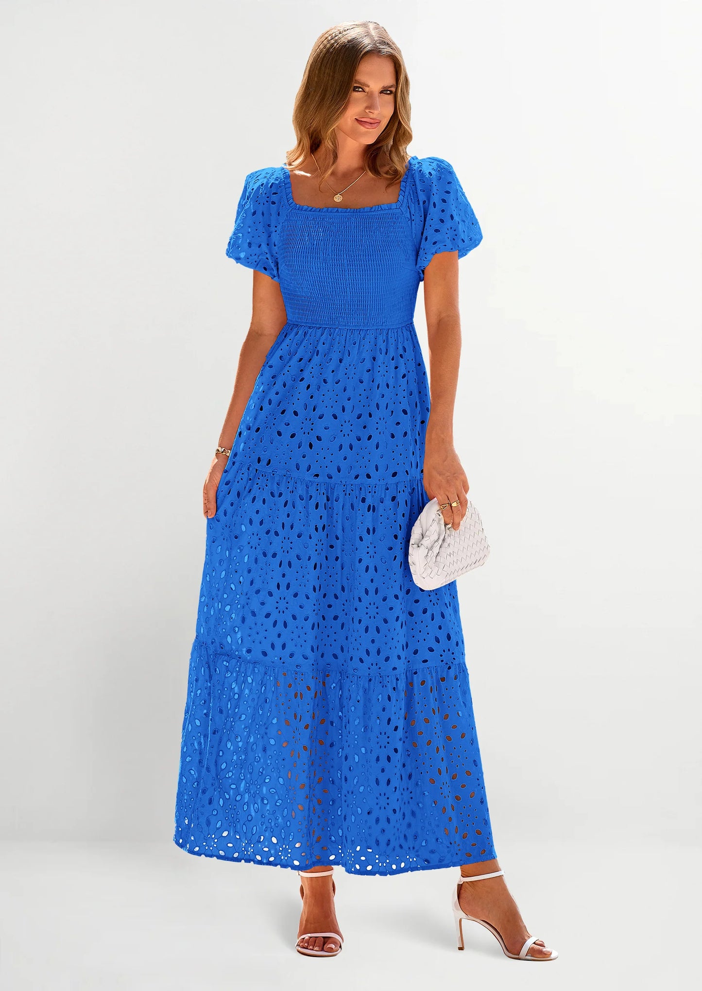 Dresses for Women Eyelet Square Neck Puff Sleeve Smocked Wedding Guest Maxi Dress with Pockets