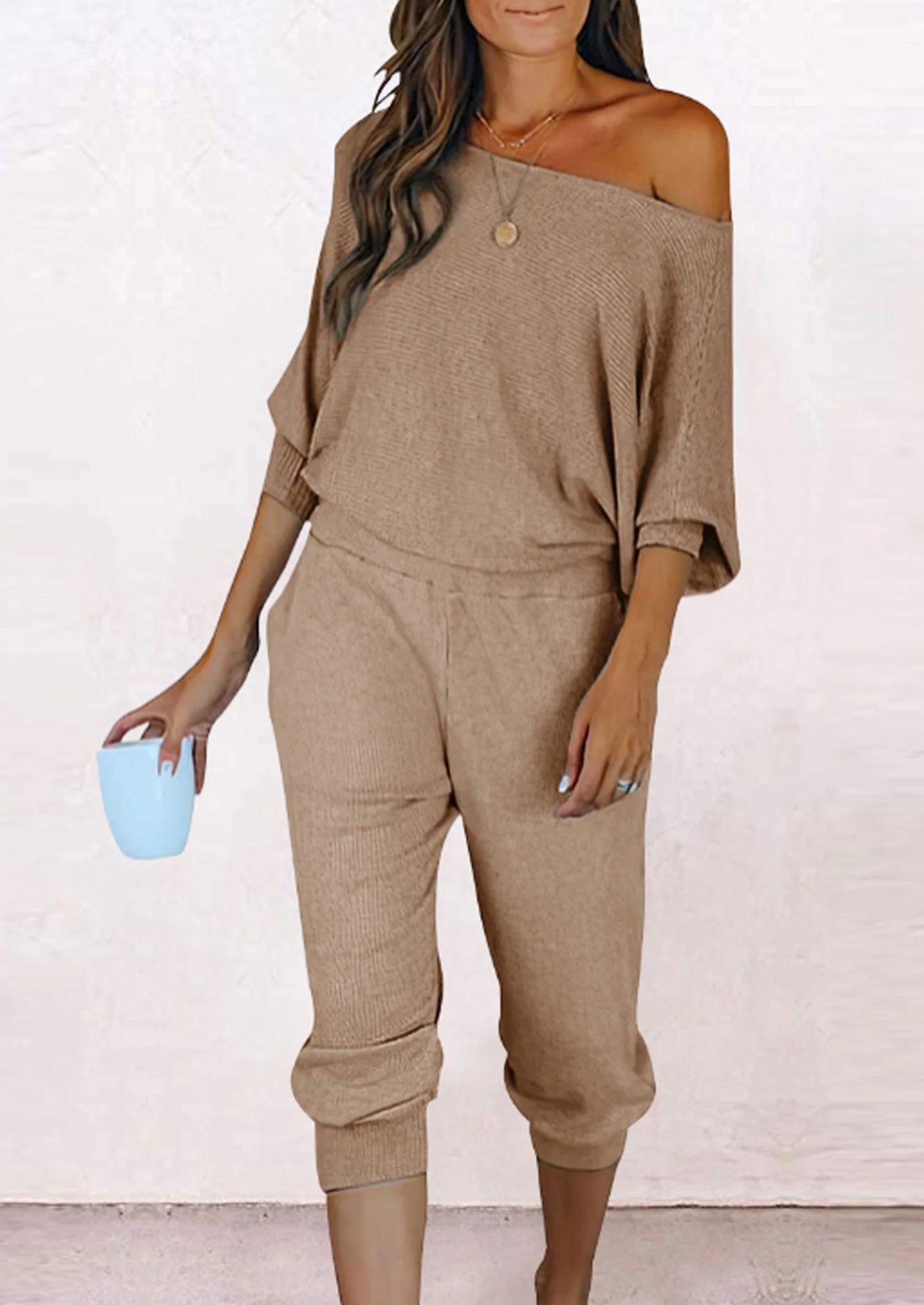 Women's 2 Piece Ribbed Tracksuit Outfits Off Shoulder Long Sleeve Pullover Lounge Pants with Pockets