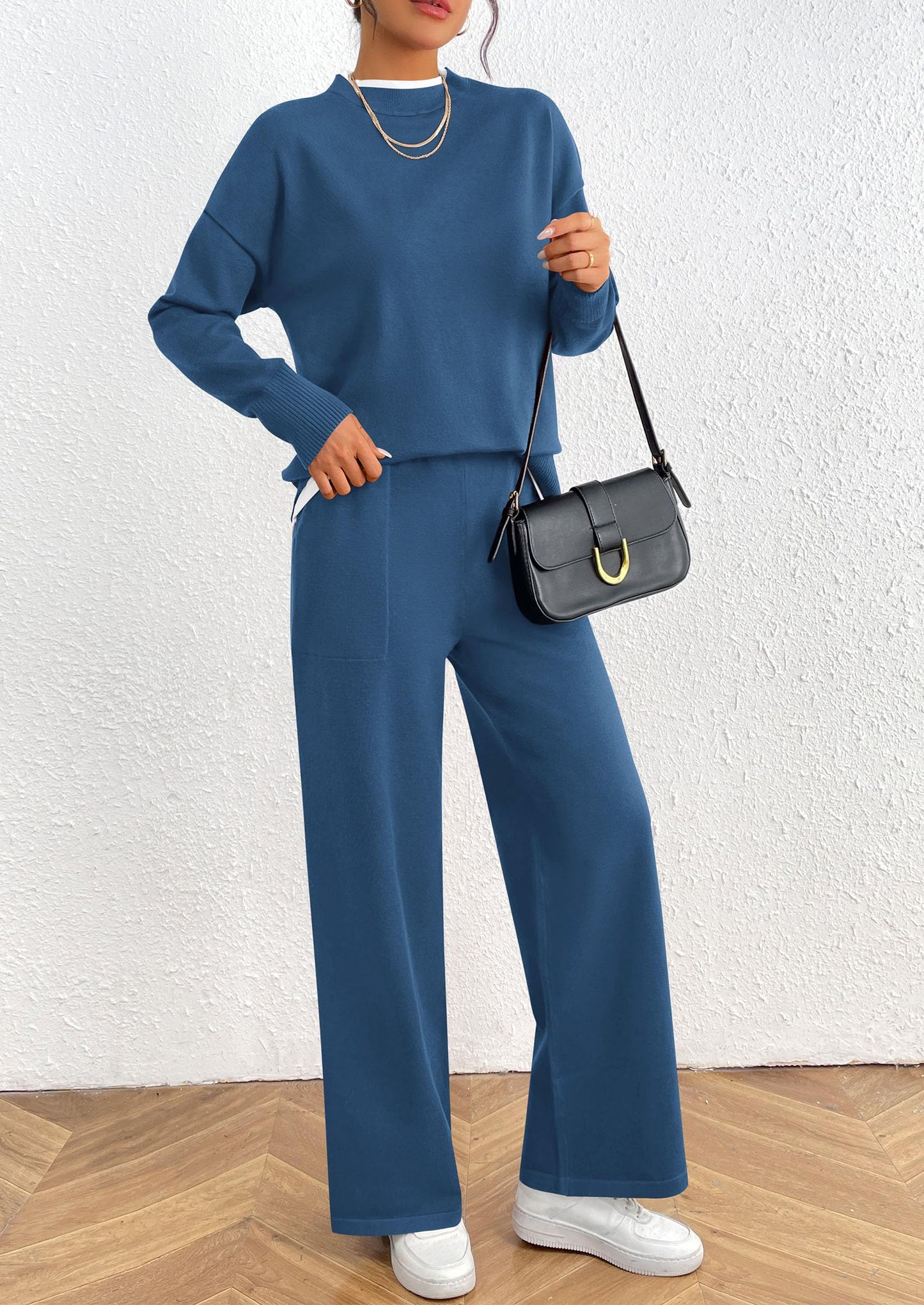 Two Piece Matching Sweater Lounge Sets Knit Long Sleeve Pullover Tops Wide Leg Pants