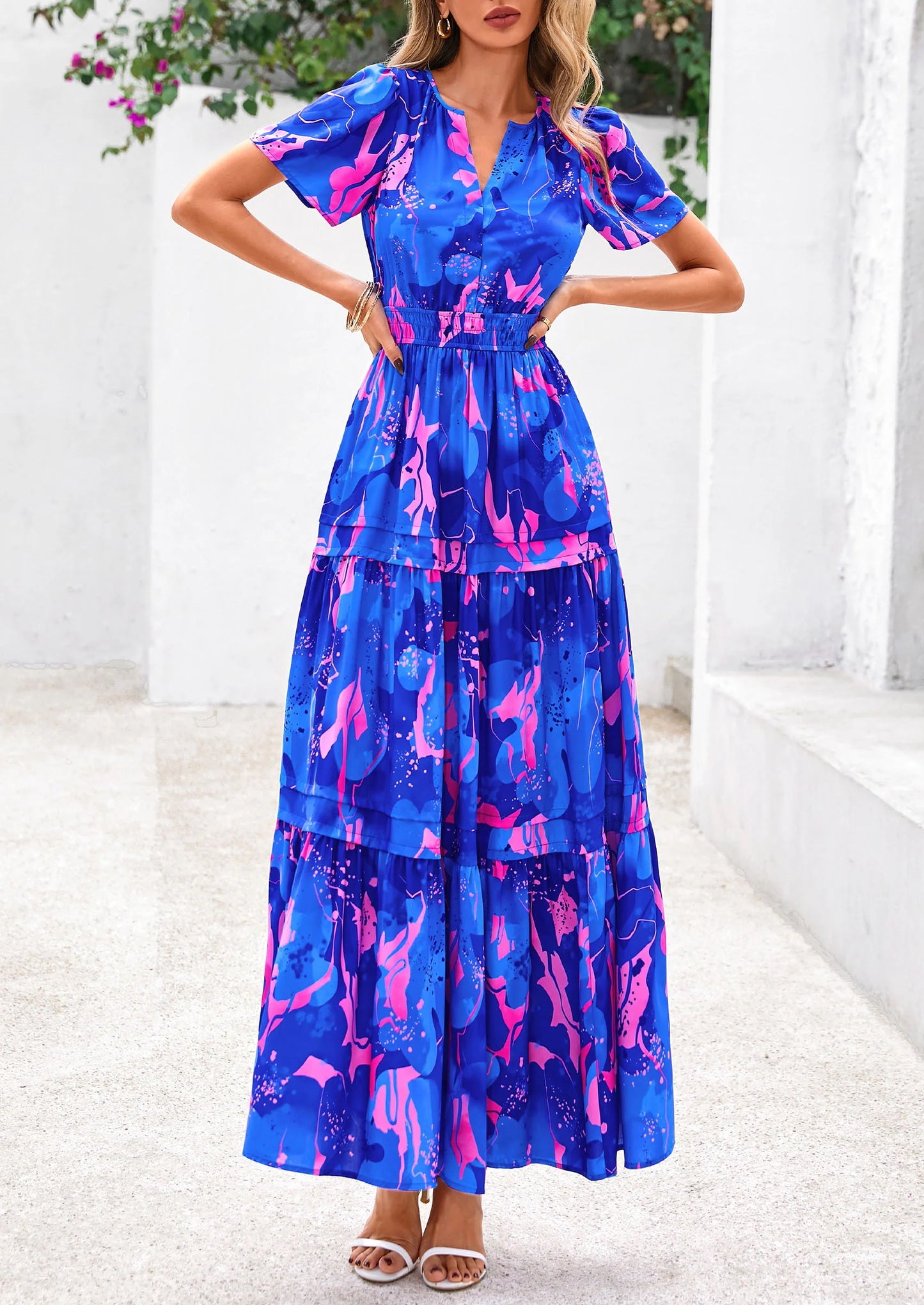 Women's Boho Maxi Dresses Floral Short Sleeve V Neck A Line Tiered Flowy Long Beach Vacation Dress