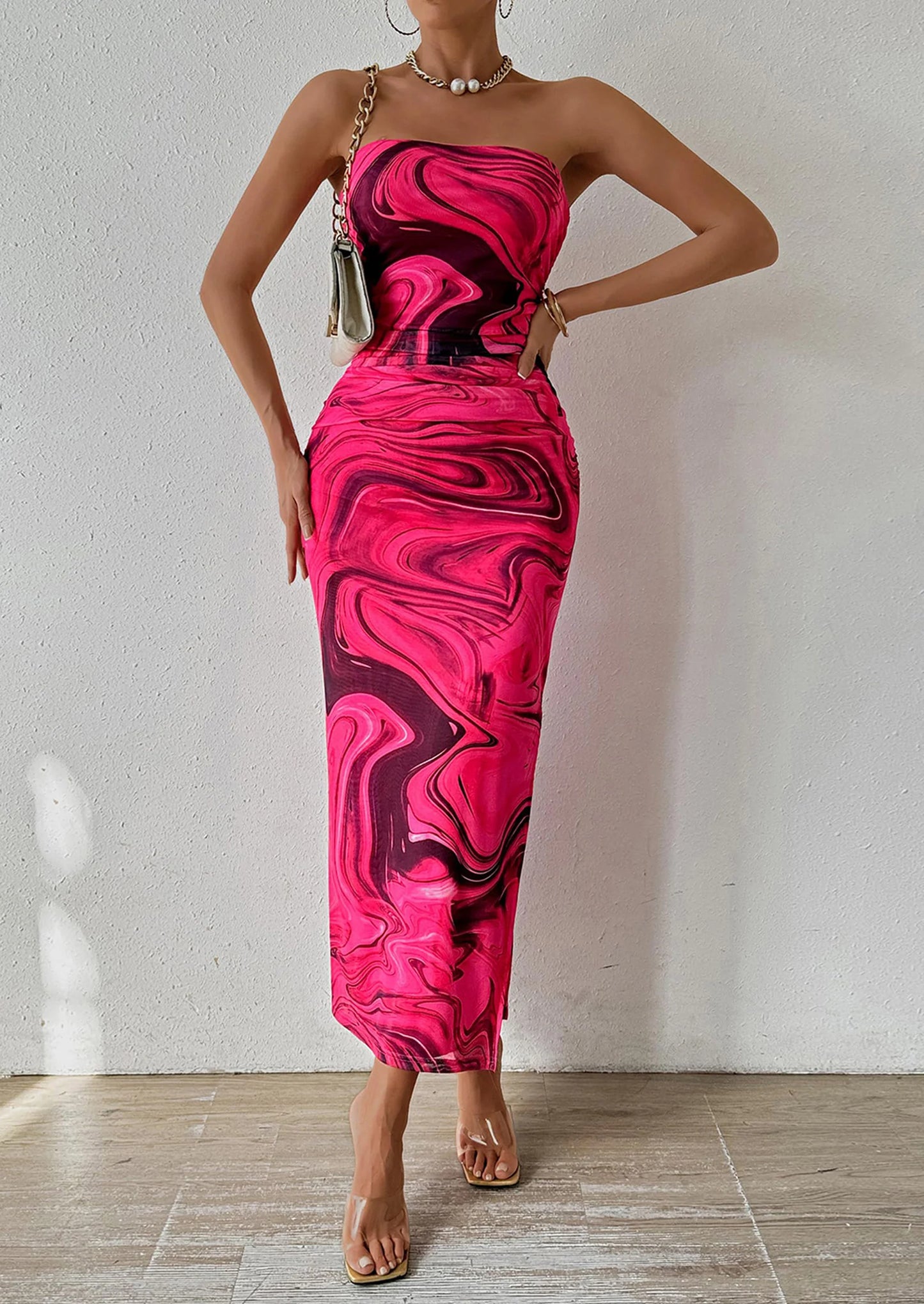 Women's Maxi Bodycon Dresses Strapless Tube Top Slit Floral Printed Party Club Long Dress