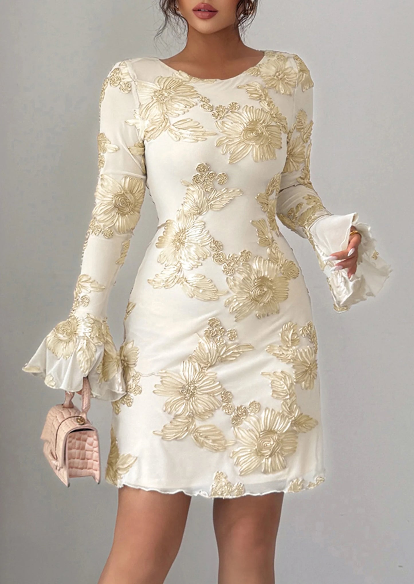 Women's Floral Embroidered Dress Fall Long Bell Sleeve Ribbon Flower Mini Short Mesh Bodycon Party Dresses
